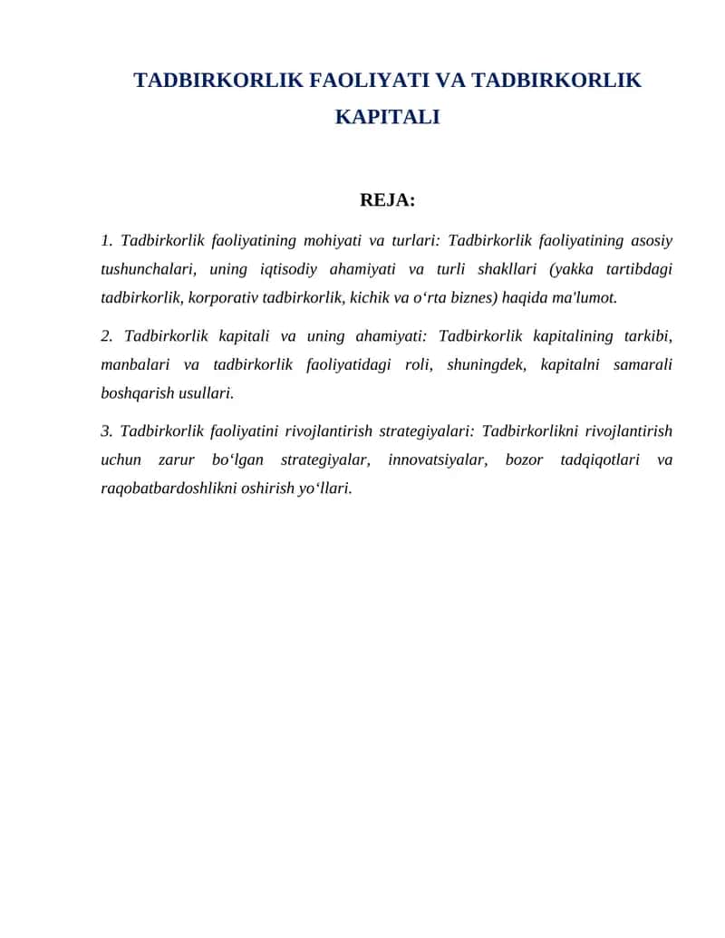 TADBIRKORLIK FAOLIYATI VA TADBIRKORLIK KAPITALI 1