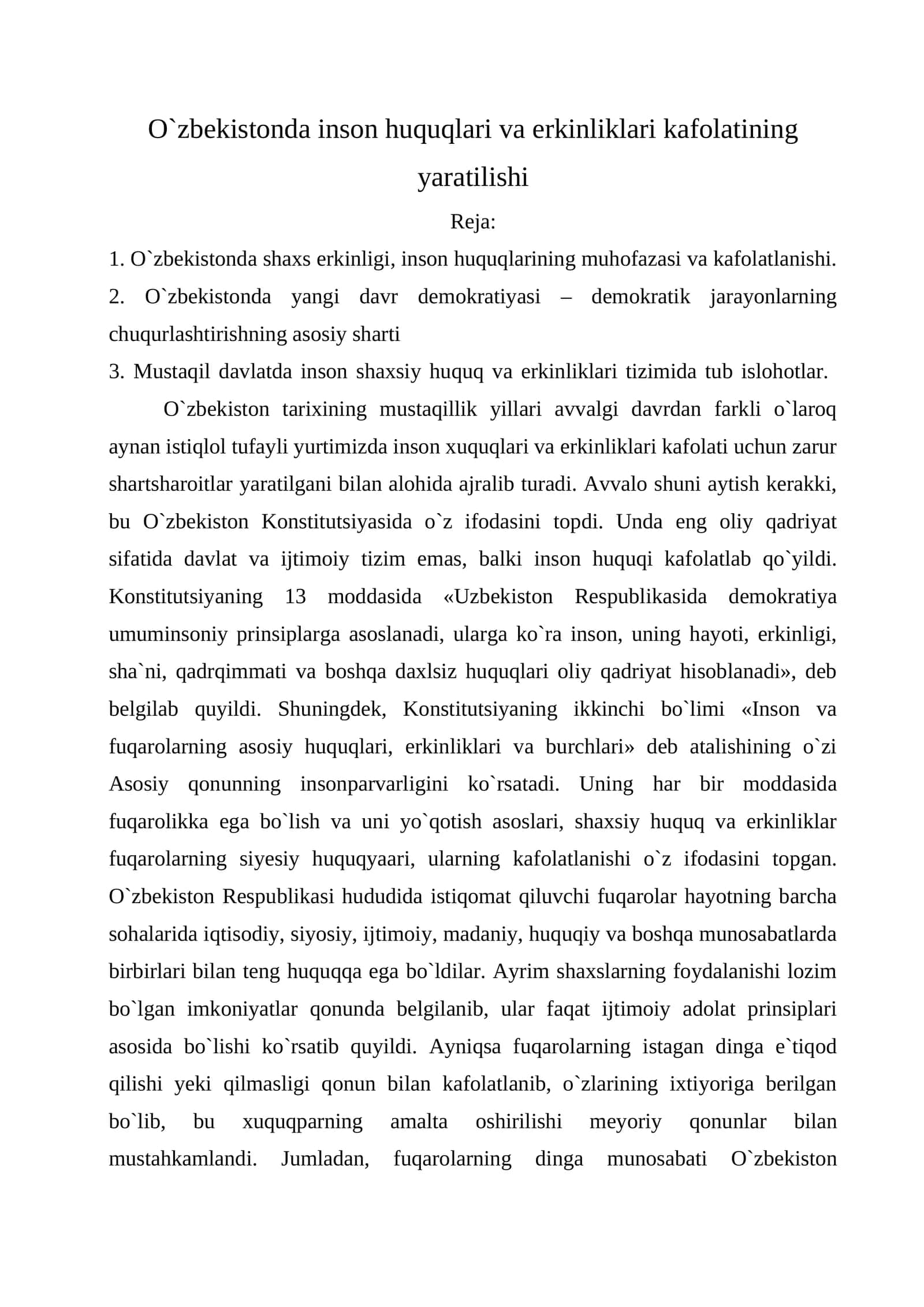 O`zbekistonda inson huquqlari va erkinliklari kafolatining yaratilishi 1