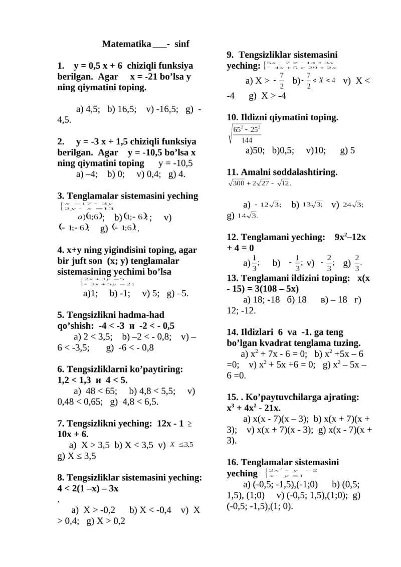 Matematika 8-sinf test 1