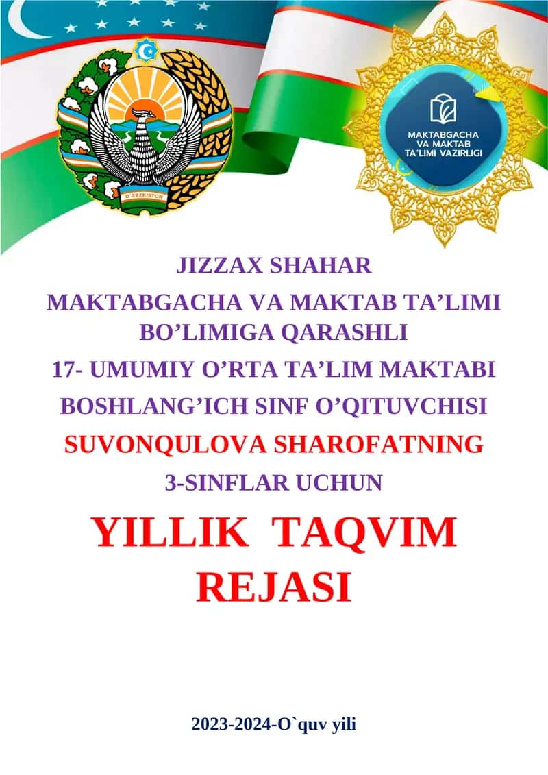 3-SINFLAR UCHUN YILLIK TAQVIM REJASI 1