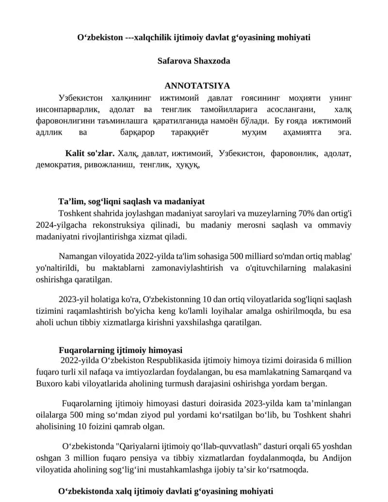 Oʻzbekiston xalqchilik ijtimoiy davlat gʻoyasining mohiyati 1
