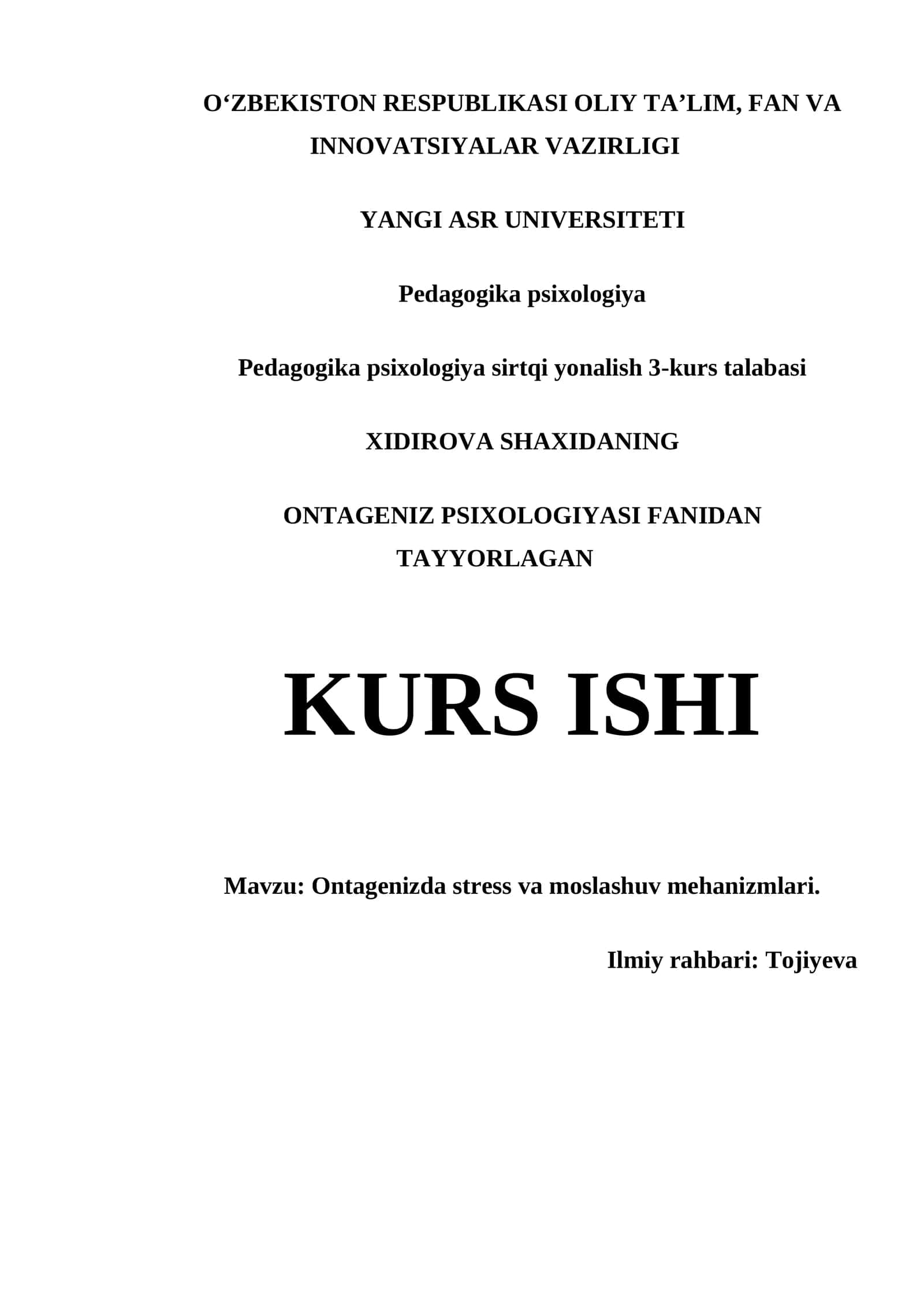 Ontagenizda stress va moslashuv mehanizmlari 1