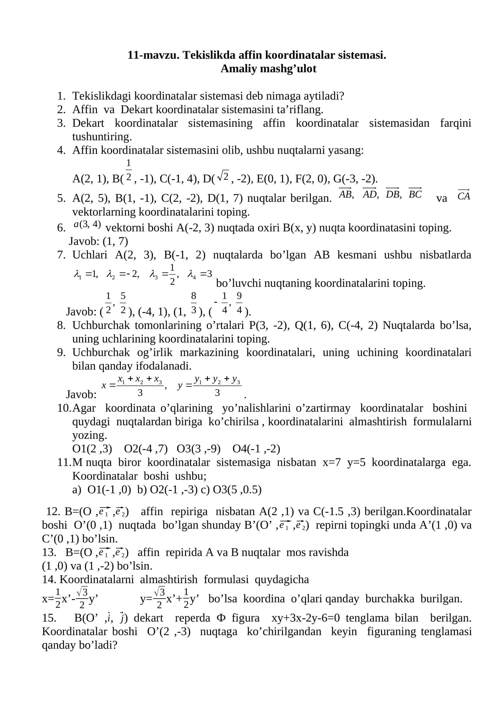 Tekislikda affin koordinatalar sistemasi 1