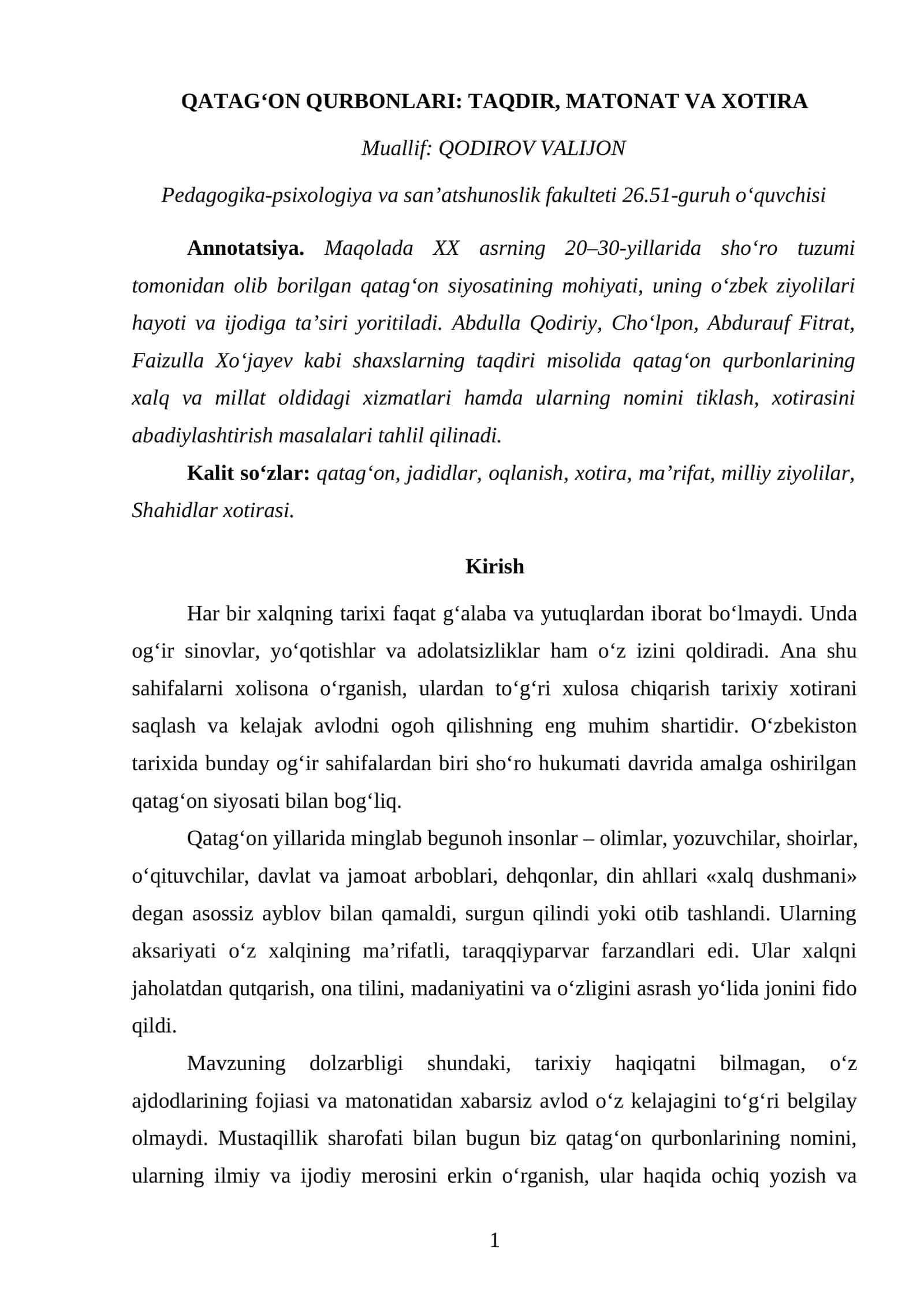 QATAG‘ON QURBONLARI: TAQDIR, MATONAT VA XOTIRA 1