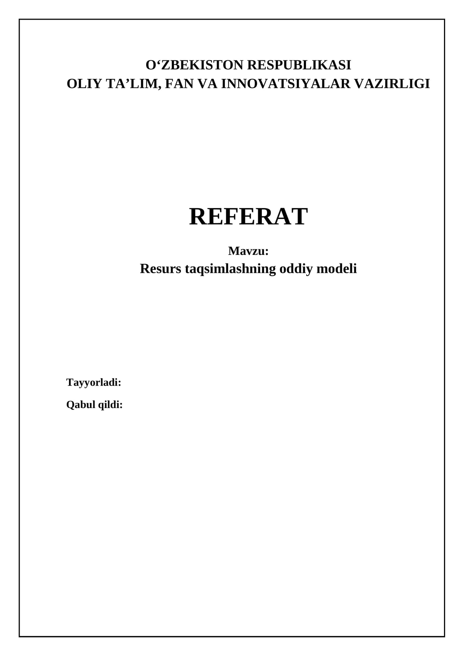 Resurs taqsimlashning oddiy modeli 1