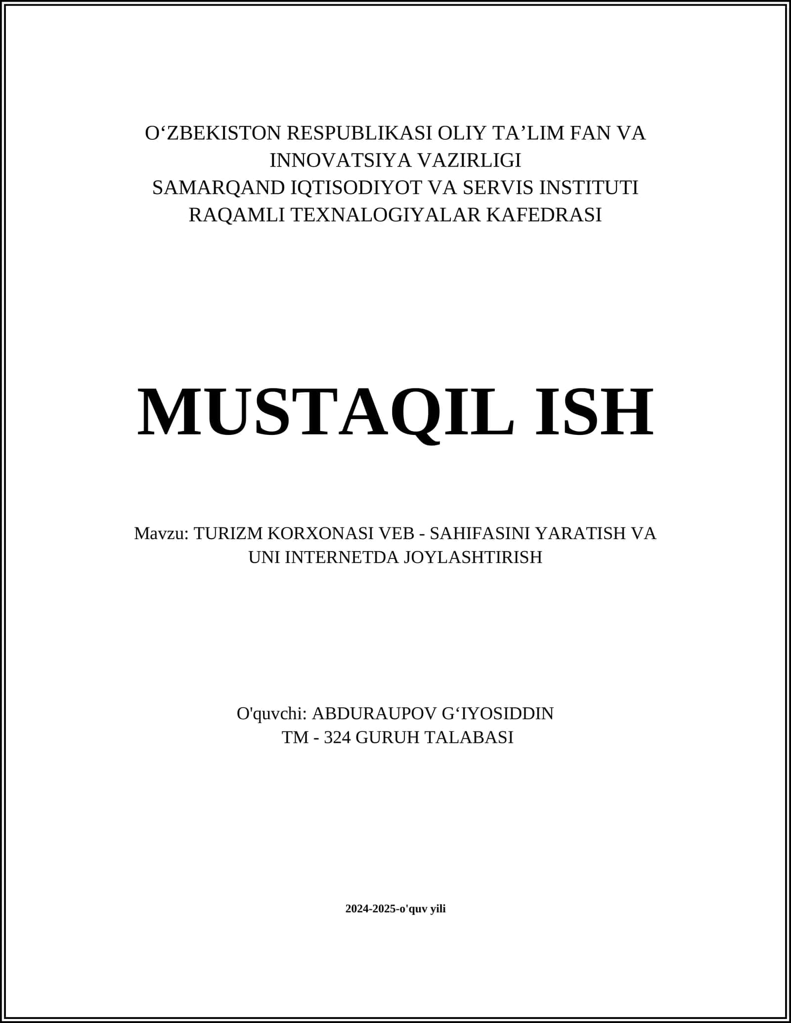 TURIZM KORXONASI VEB - SAHIFASINI YARATISH VA UNI INTERNETDA JOYLASHTIRISH 1