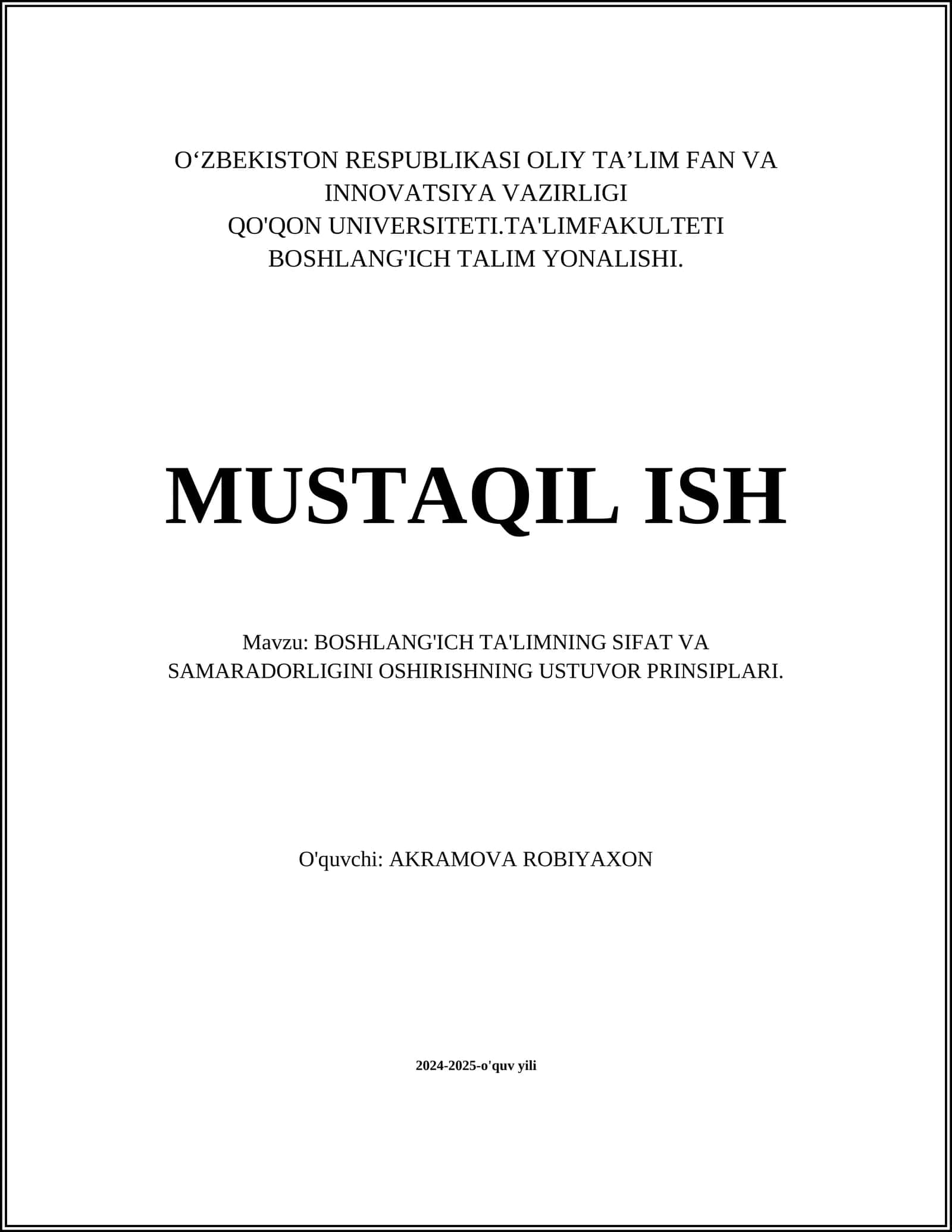 BOSHLANG'ICH TA'LIMNING SIFAT VA SAMARADORLIGINI OSHIRISHNING USTUVOR PRINSIPLARI 1