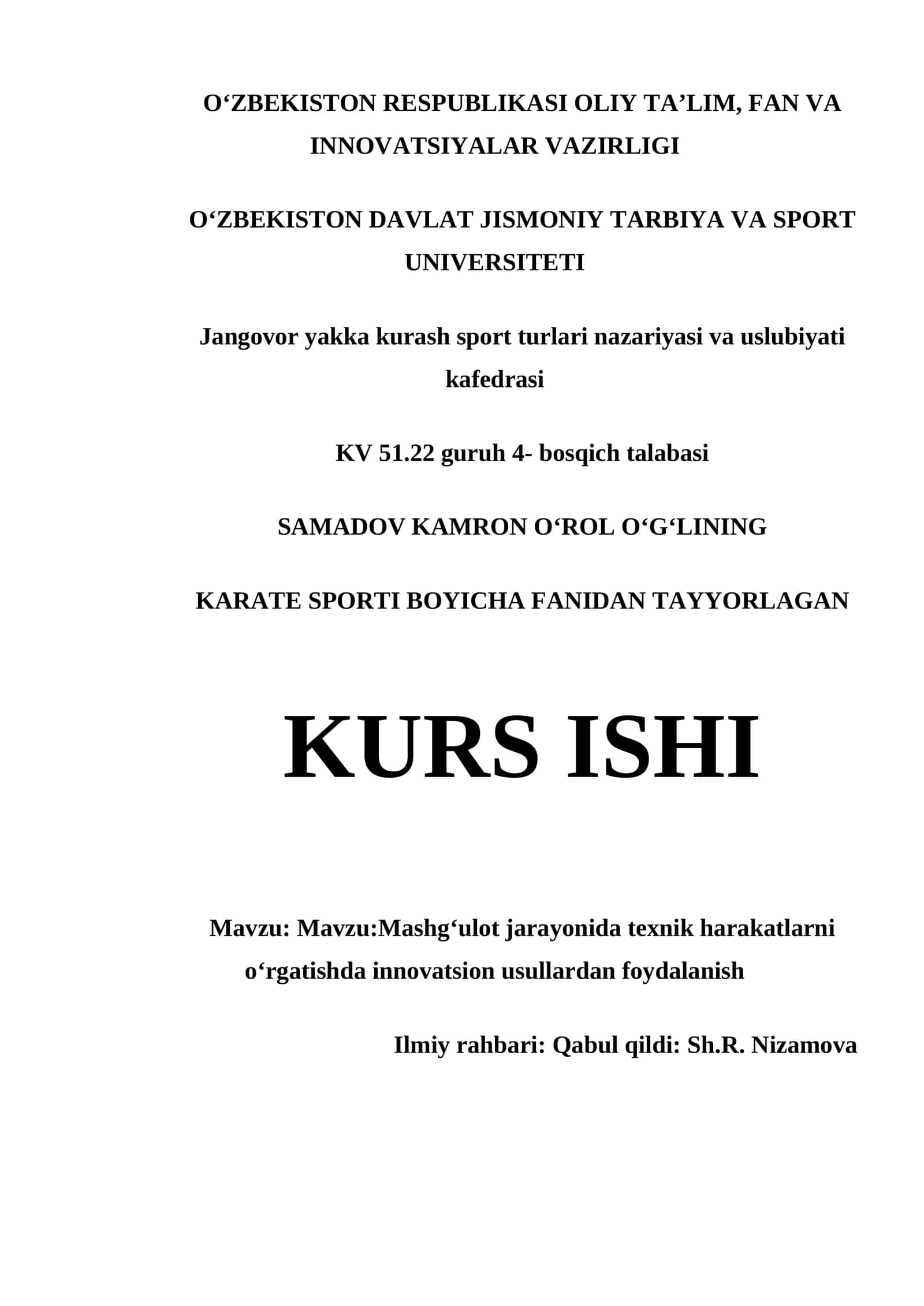 Karate Sporti Boyicha Fanidan Tayyorlagan Kurs Ishi 1