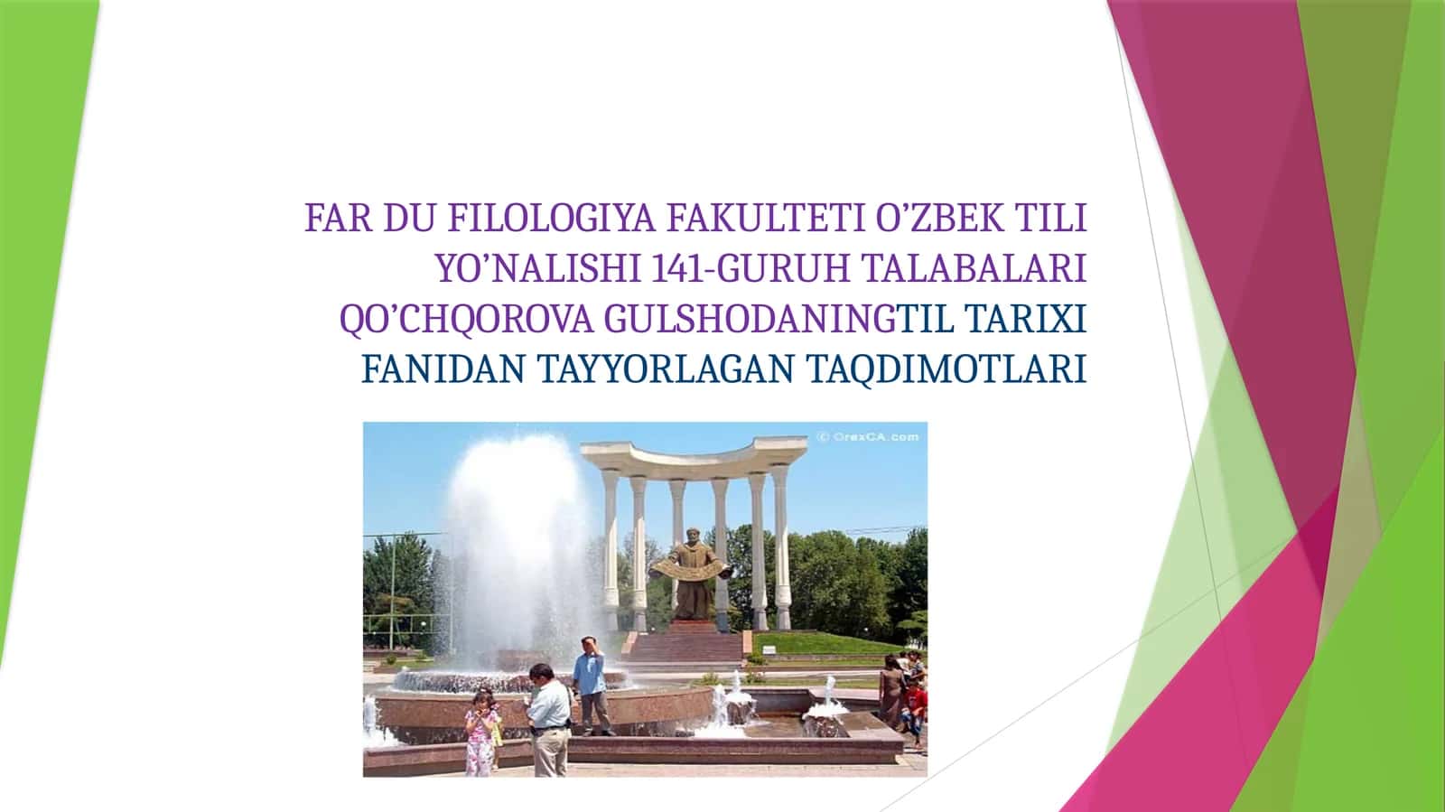 O’zbek tilini tarixi fanidan ta’yorlagan taqdimotlar 1