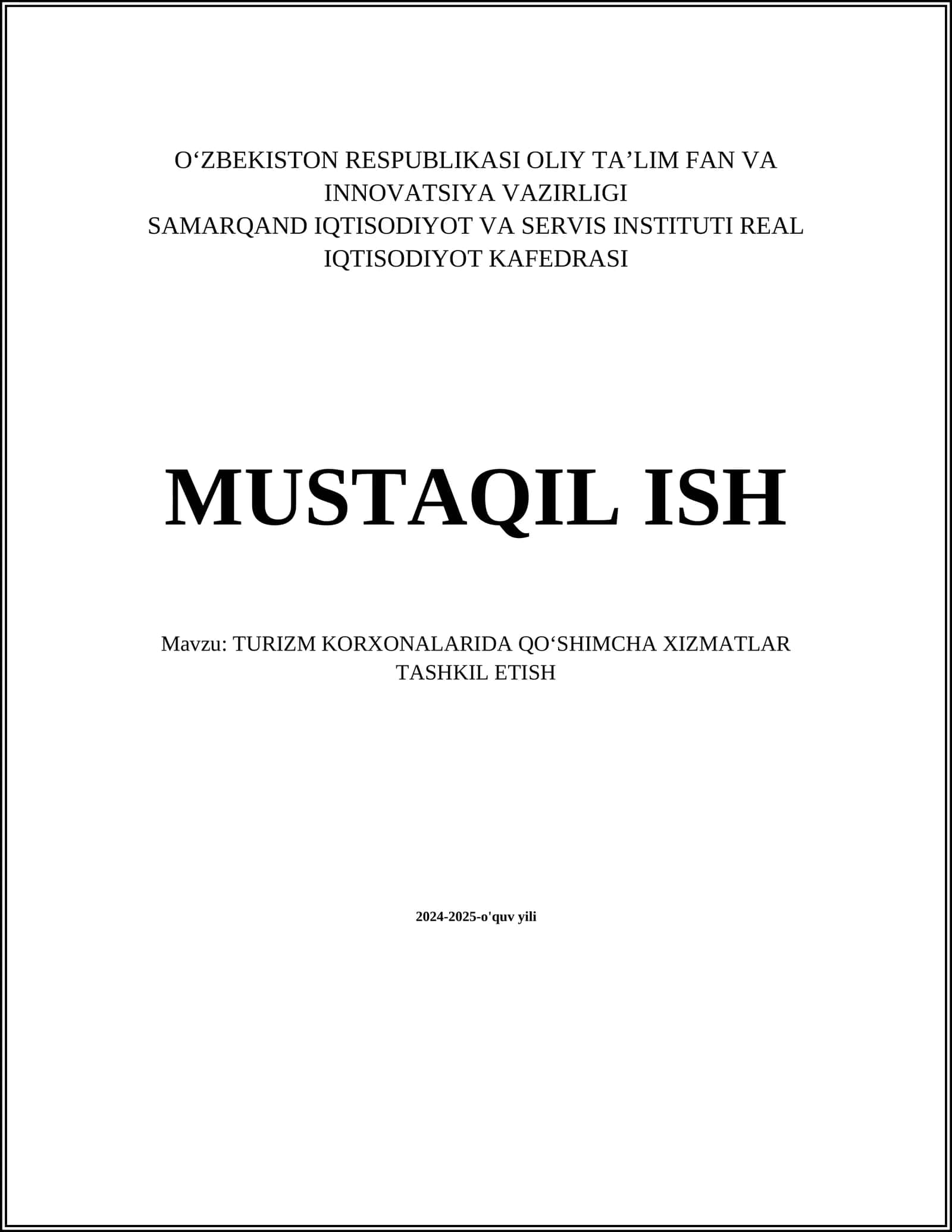 TURIZM KORXONALARIDA QOʻSHIMCHA XIZMATLAR TASHKIL ETISH 1