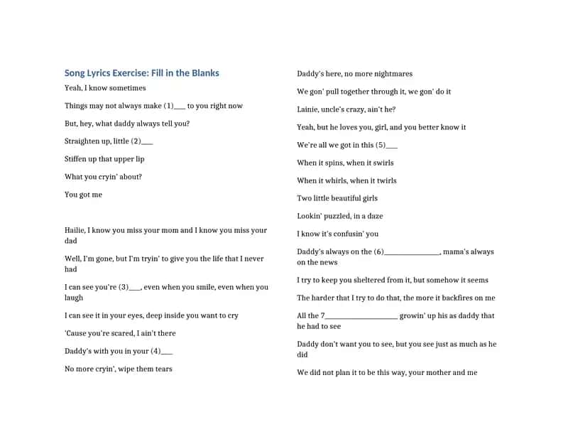 Song Lyrics Exercise: Fill in the Blanks 1