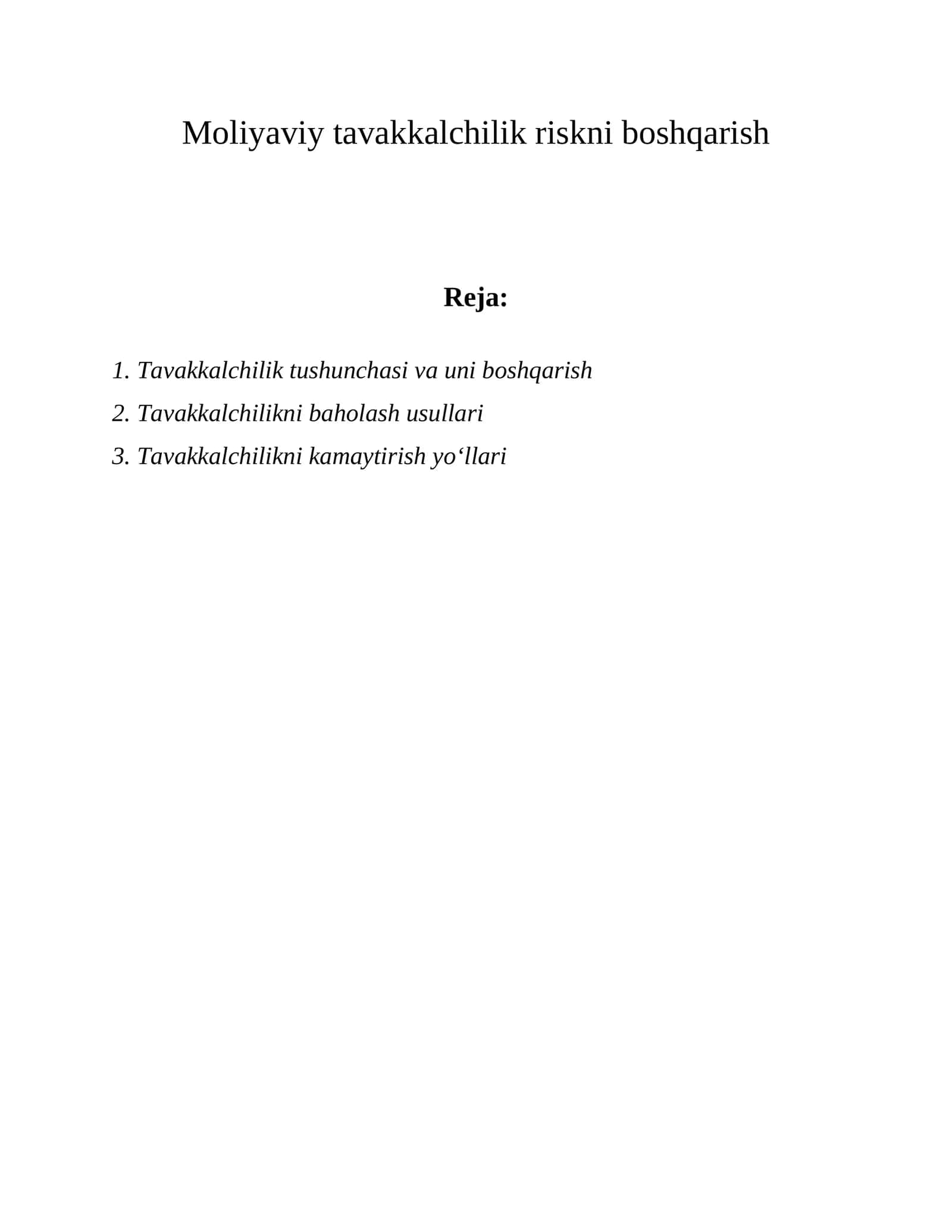 Moliyaviy tavakkalchilik riskni boshqarish 1