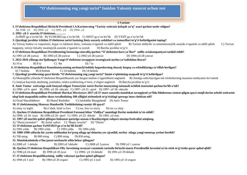 O’zbekistonning eng yangi tarixi” fanidan Yakuniy nazorat uchun test 1
