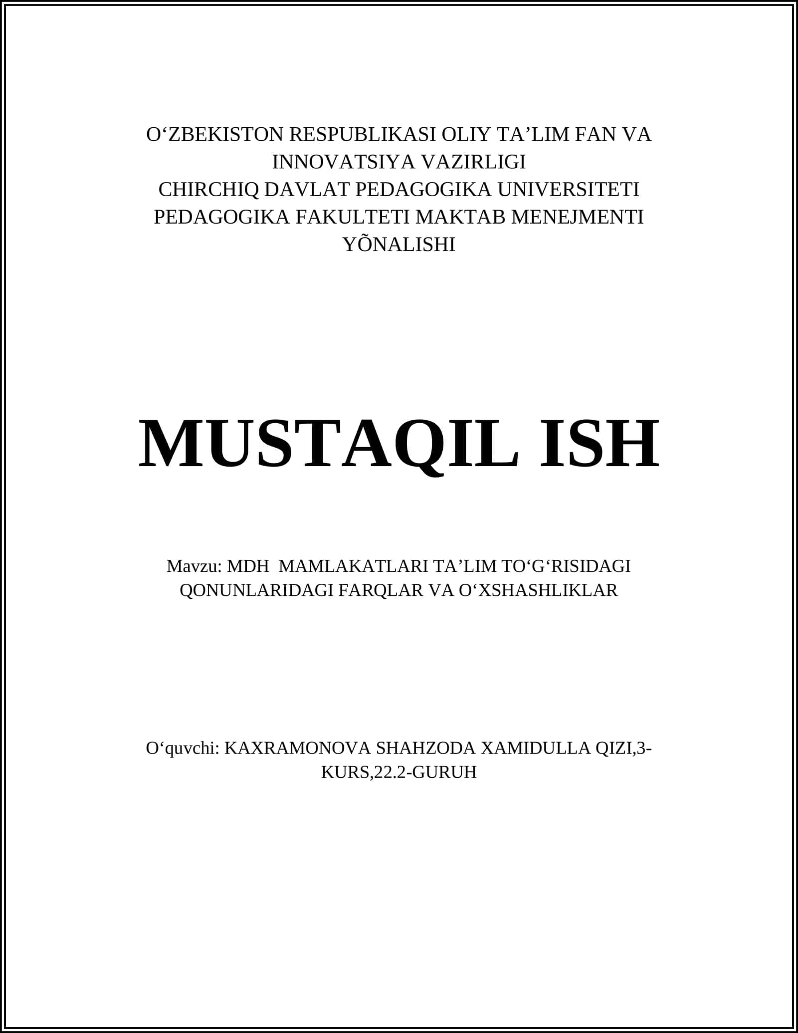 Mustaqil ish: MDH Mamlakatlari Ta'lim Tuzilishi 1