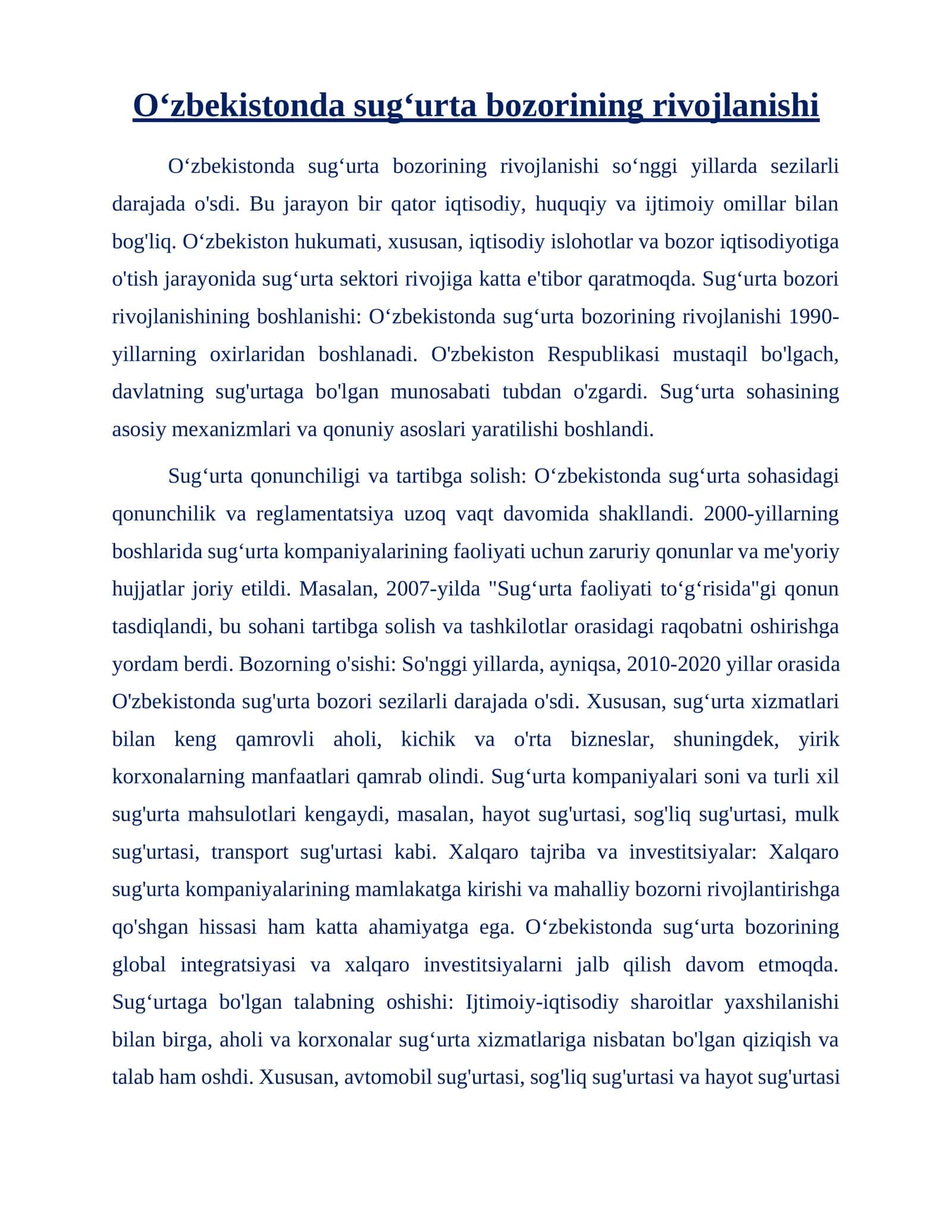 Sugʻurta bozorining rivojlanishi 1