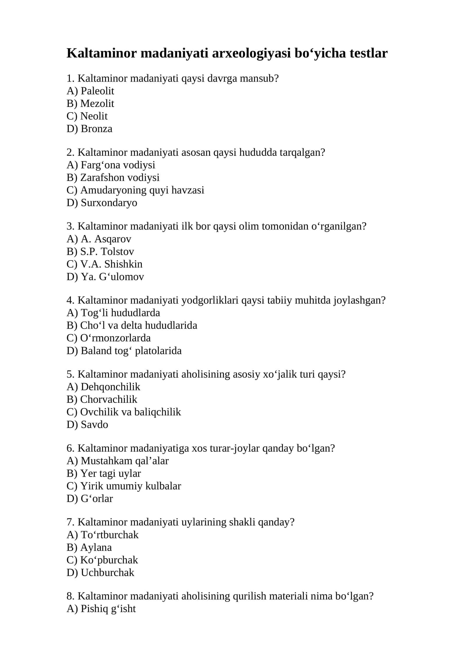 Kaltaminor madaniyati arxeologiyasi bo‘yicha testlar 1