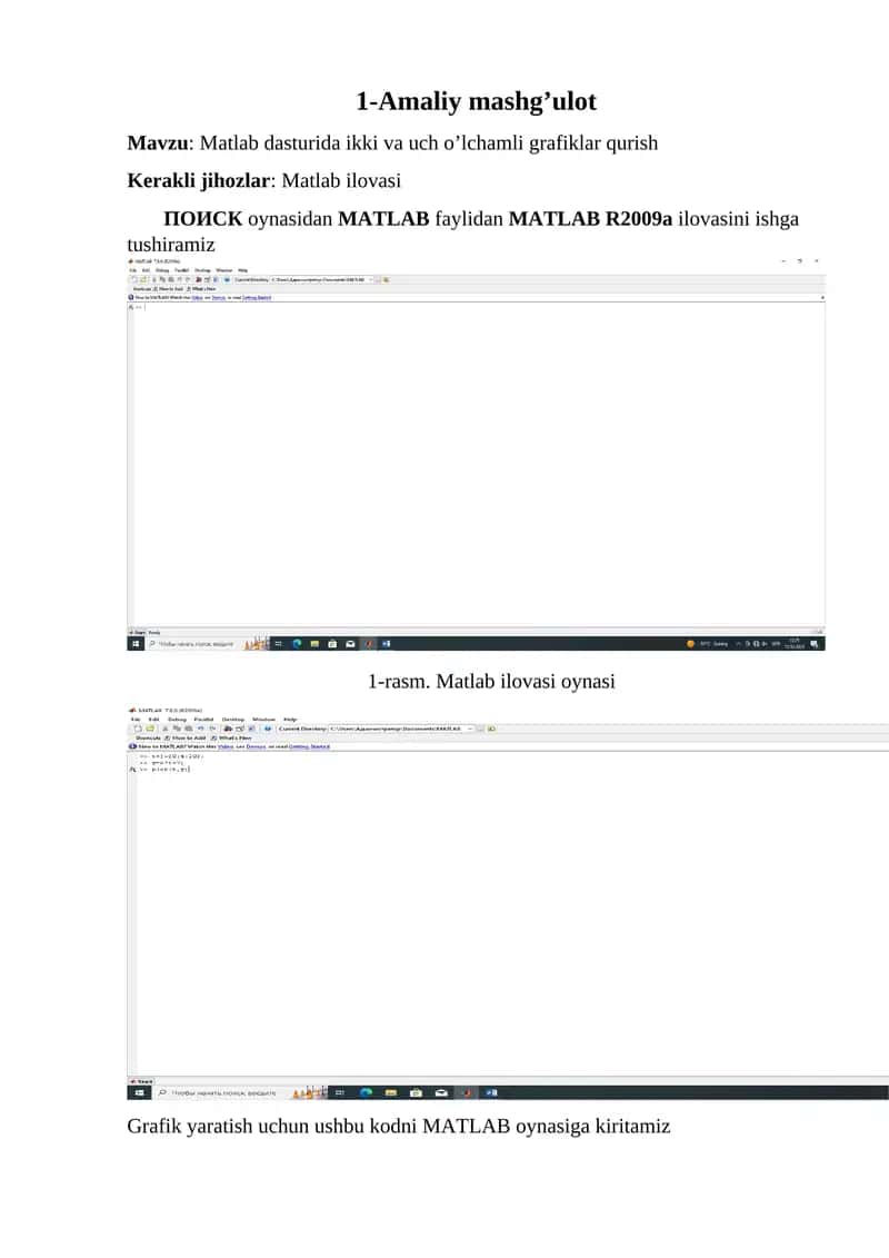 Matlab dasturida ikki va uch o'lchamli grafiklar qurish 1