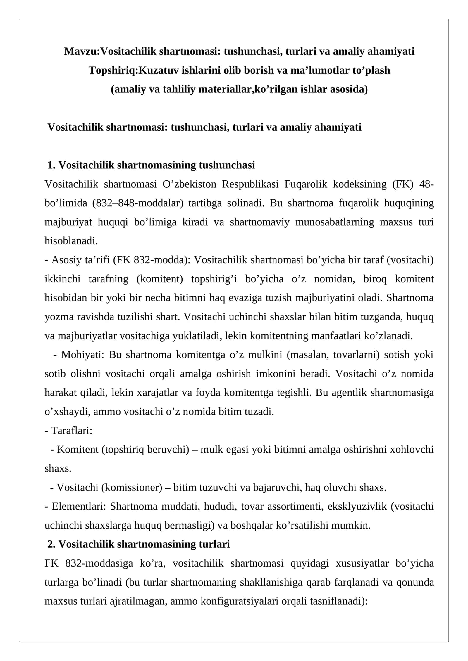 Vositachilik shartnomasi: tushunchasi, turlari va amaliy ahamiyati 1