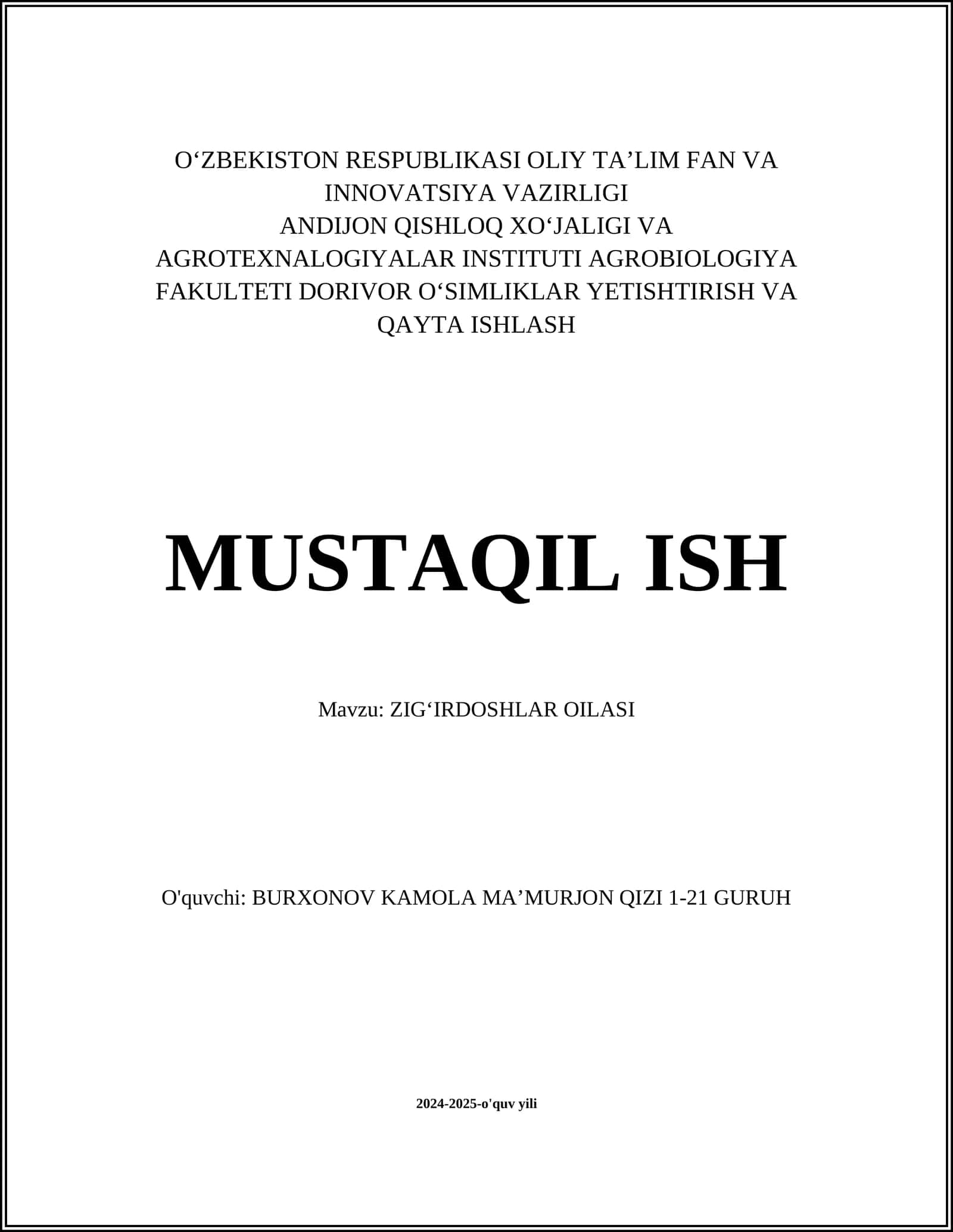 ZIGʻIRDOSHLAR OILASI 1