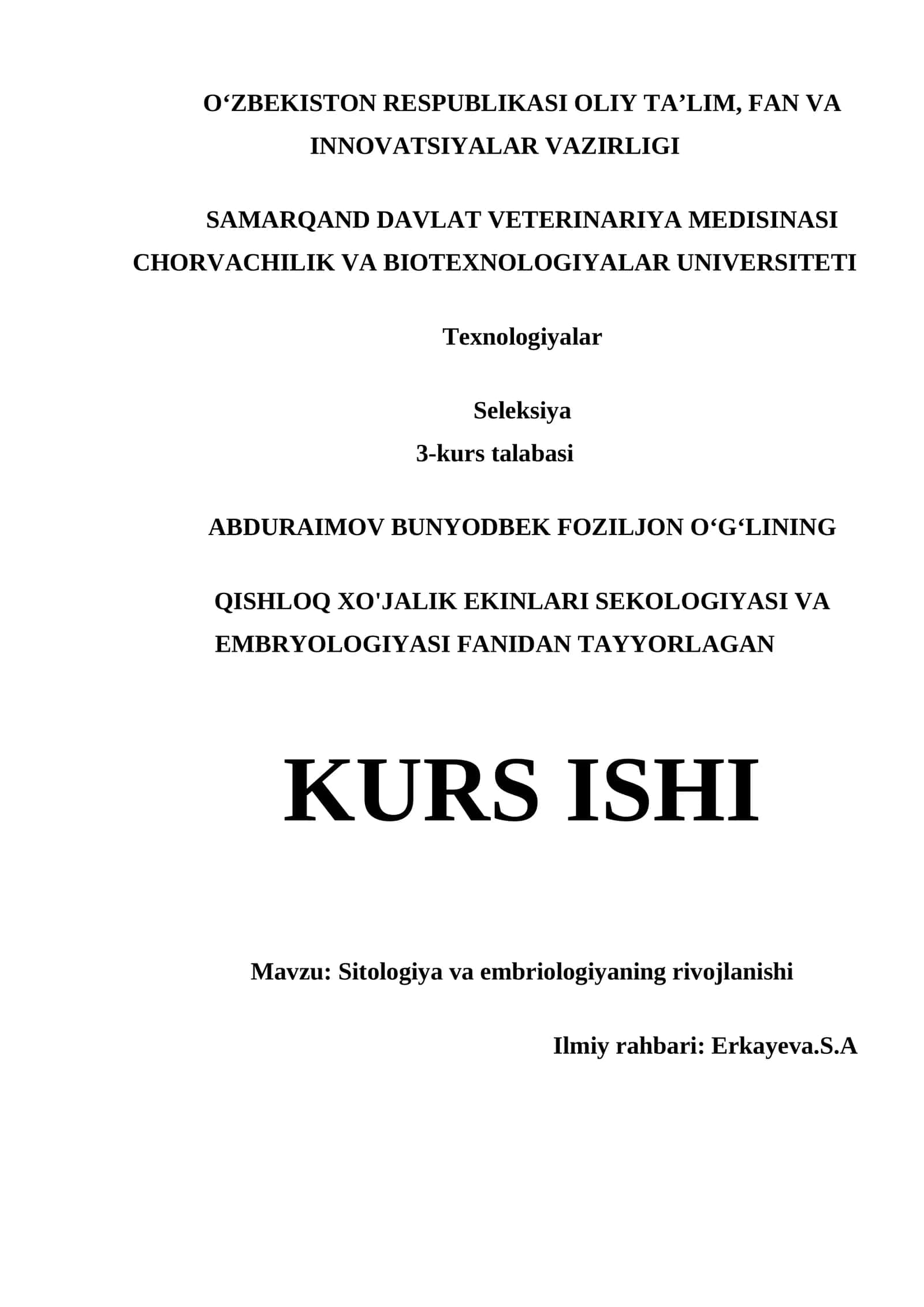 SITOLOGIYA VA EMBRIOLOGIYANING RIVOJLANISHI 1