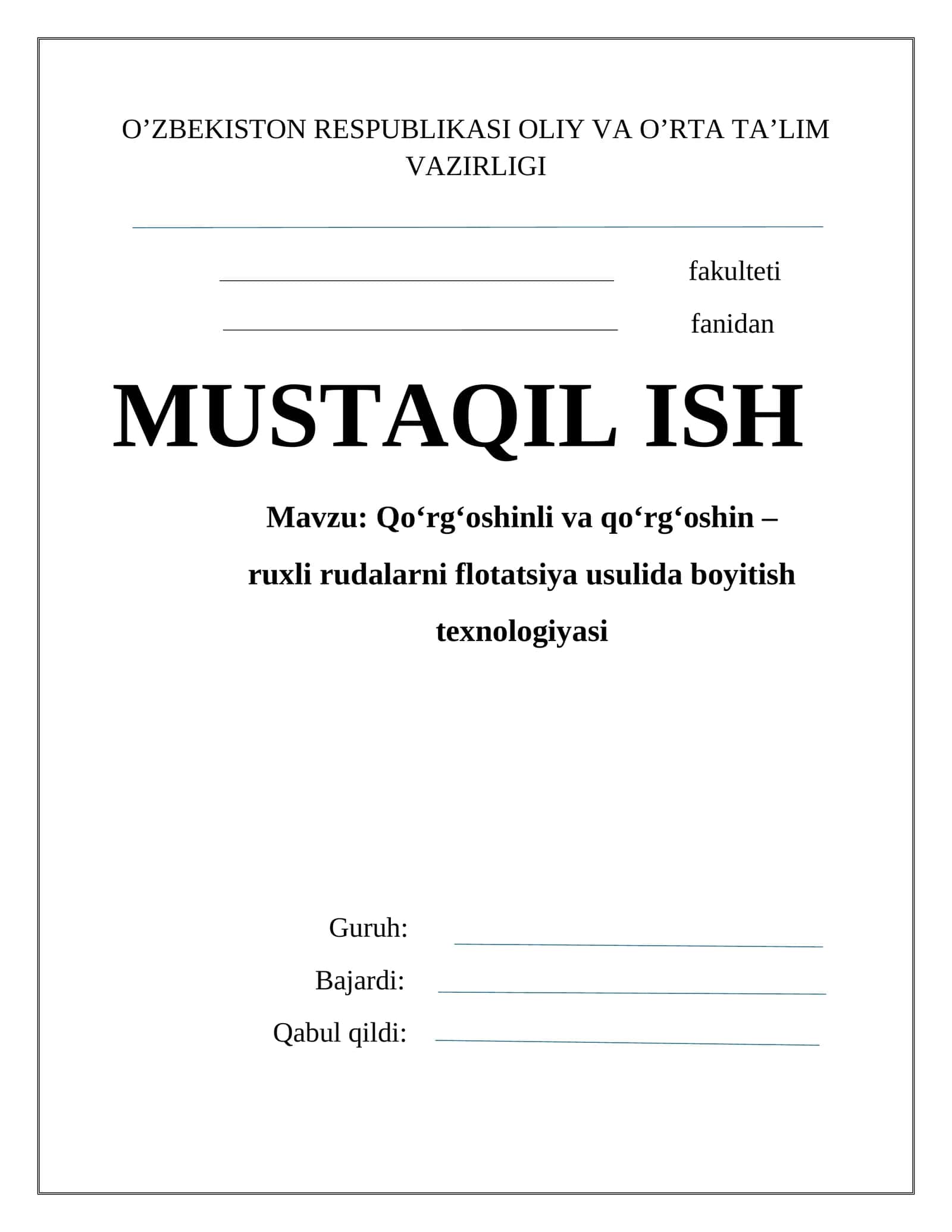 Qo‘rg‘оshinli vа qo‘rg‘оshin – ruхli rudalarni flоtаtsiya usulidа boyitish tехnоlоgiyasi 1