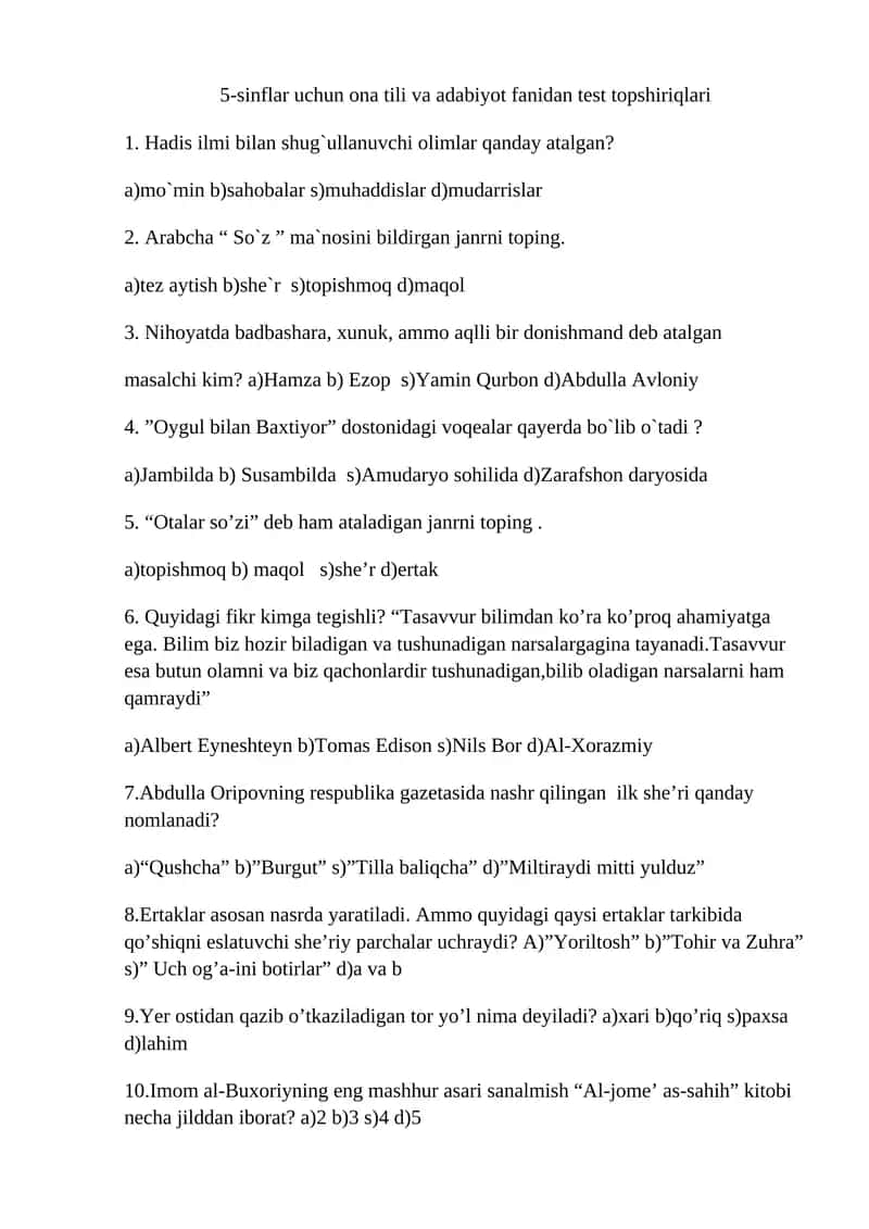 5-sinflar uchun ona tili va adabiyot fanidan test topshiriqlari 1