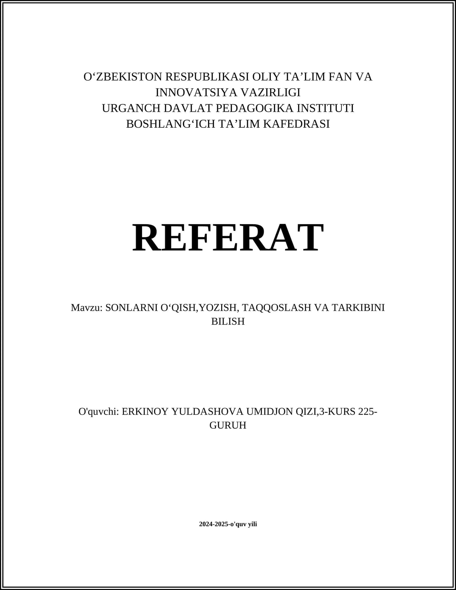 SONLARNI OʻQISH,YOZISH, TAQQOSLASH VA TARKIBINI BILISH 1