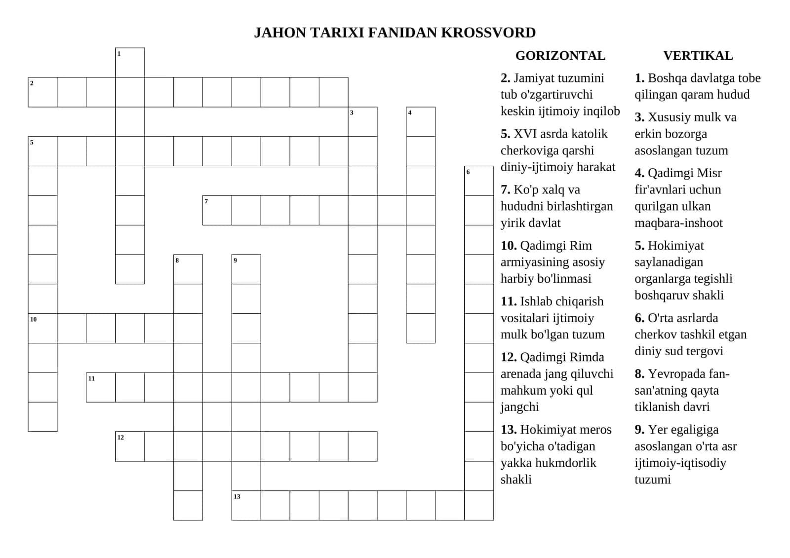 JAHON TARIXI FANIDAN KROSSVORD 1