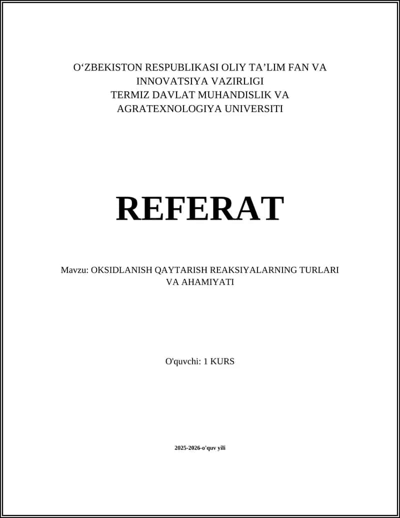 OKSIDLANISH QAYTARISH REAKSIYALARNING TURLARI VA AHAMIYATI 1