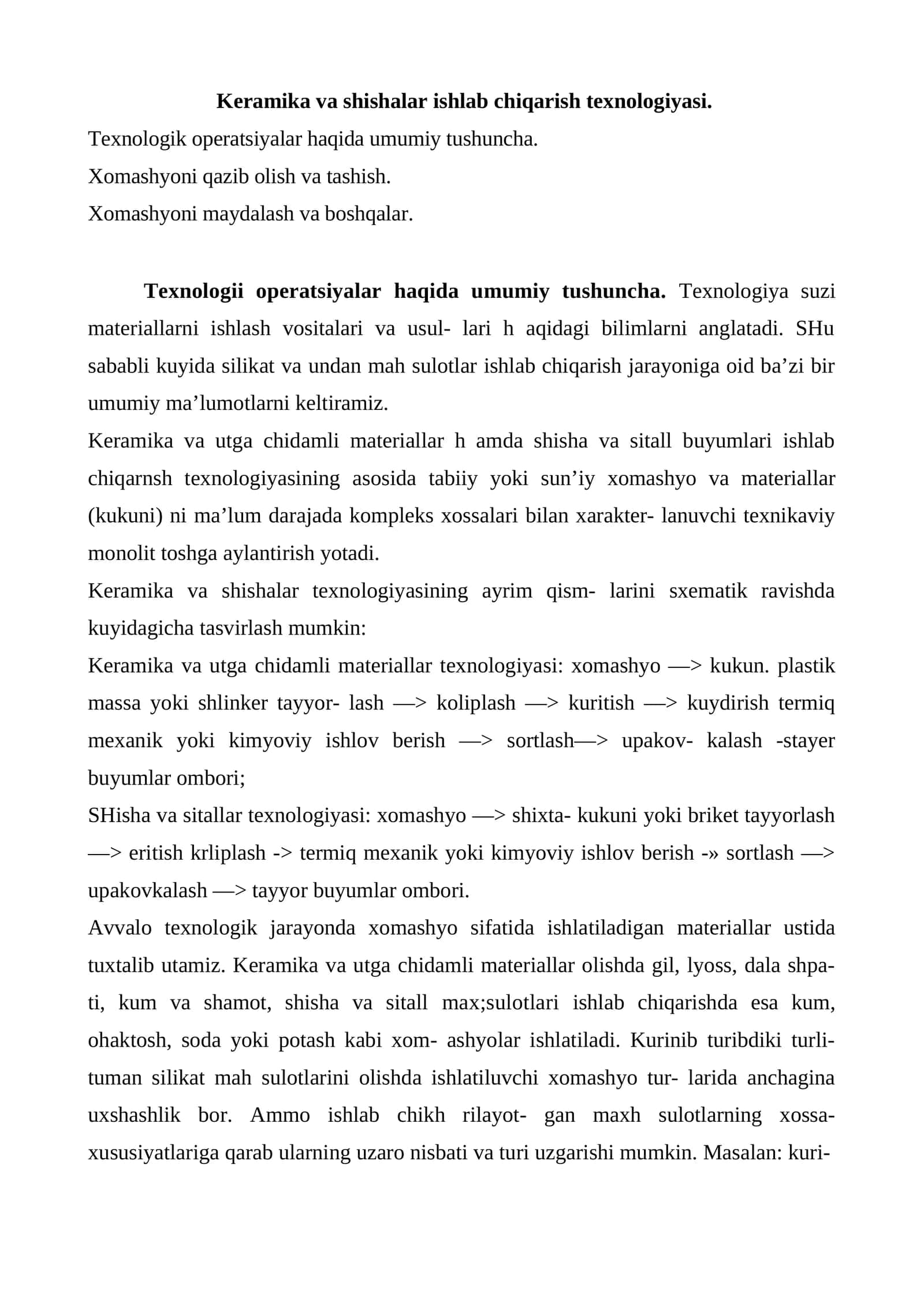 Keramika va shishalar ishlab chiqarish texnologiyasi 1