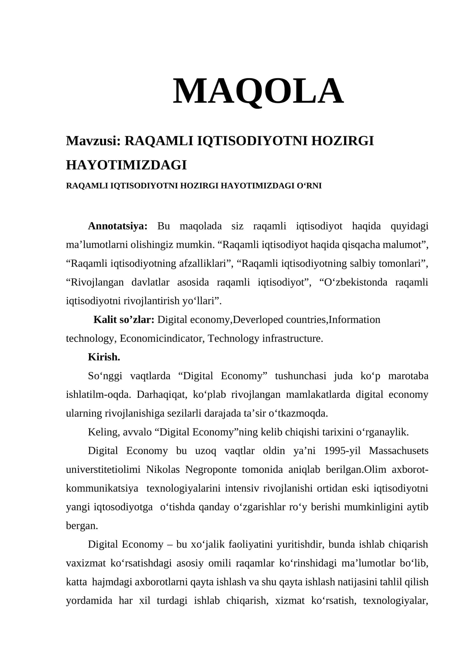 RAQAMLI IQTISODIYOTNI HOZIRGI HAYOTIMIZDAGI 1