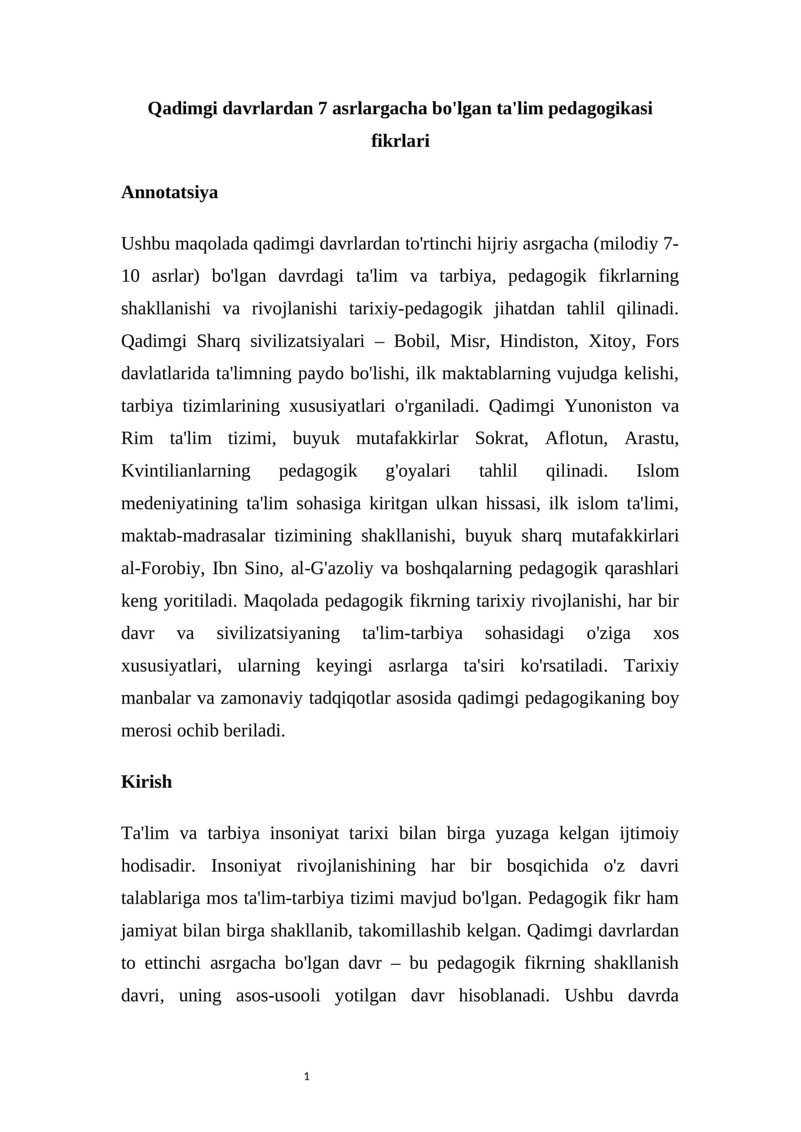 Qadimgi davrlardan 7 asrlargacha bo'lgan ta'lim pedagogikasi fikrlari 1