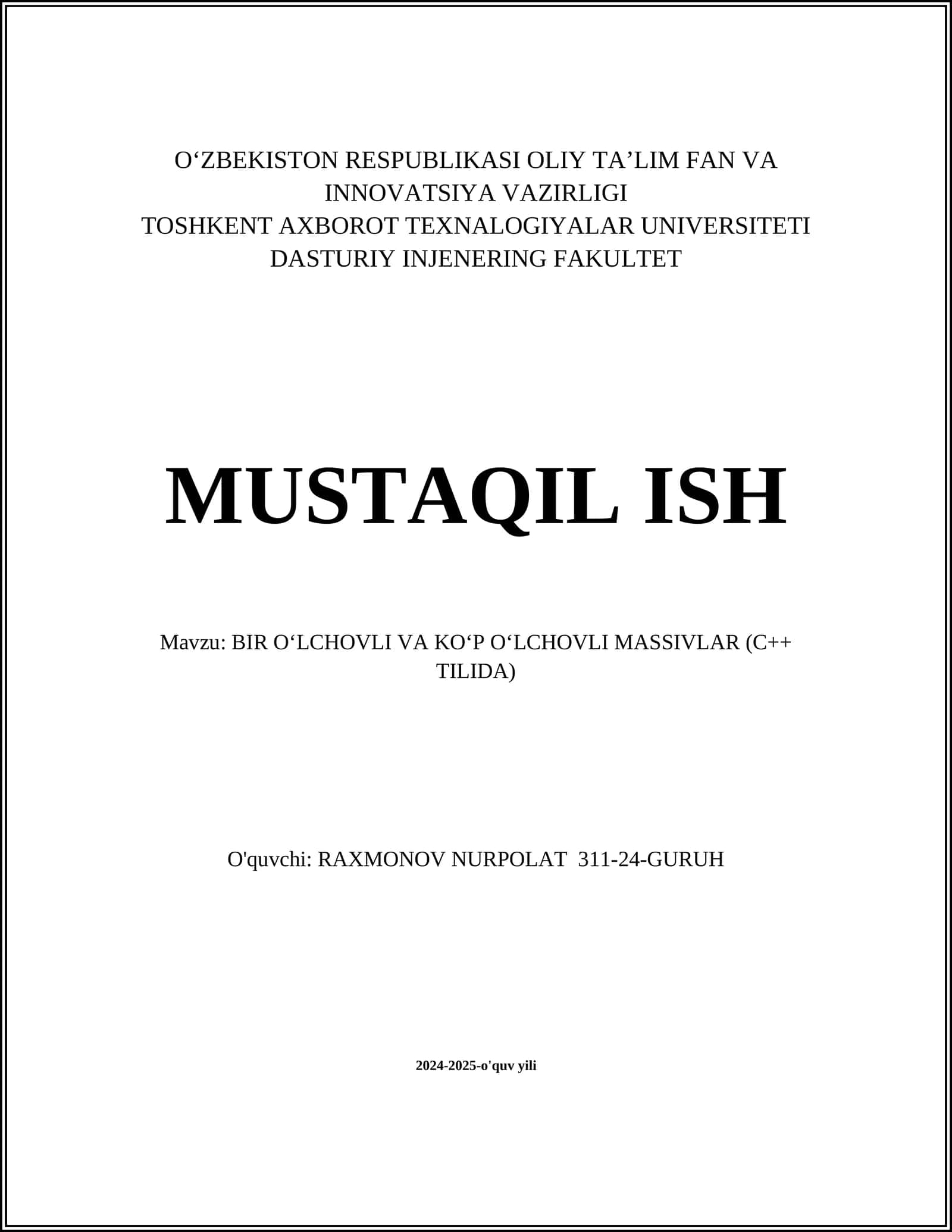 BIR O‘LCHOVLI VA KO‘P O‘LCHOVLI MASSIVLAR (C++ TILIDA) 1