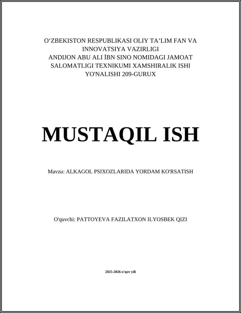 ALKAGOL PSIXOZLARIDA YORDAM KO'RSATISH 1