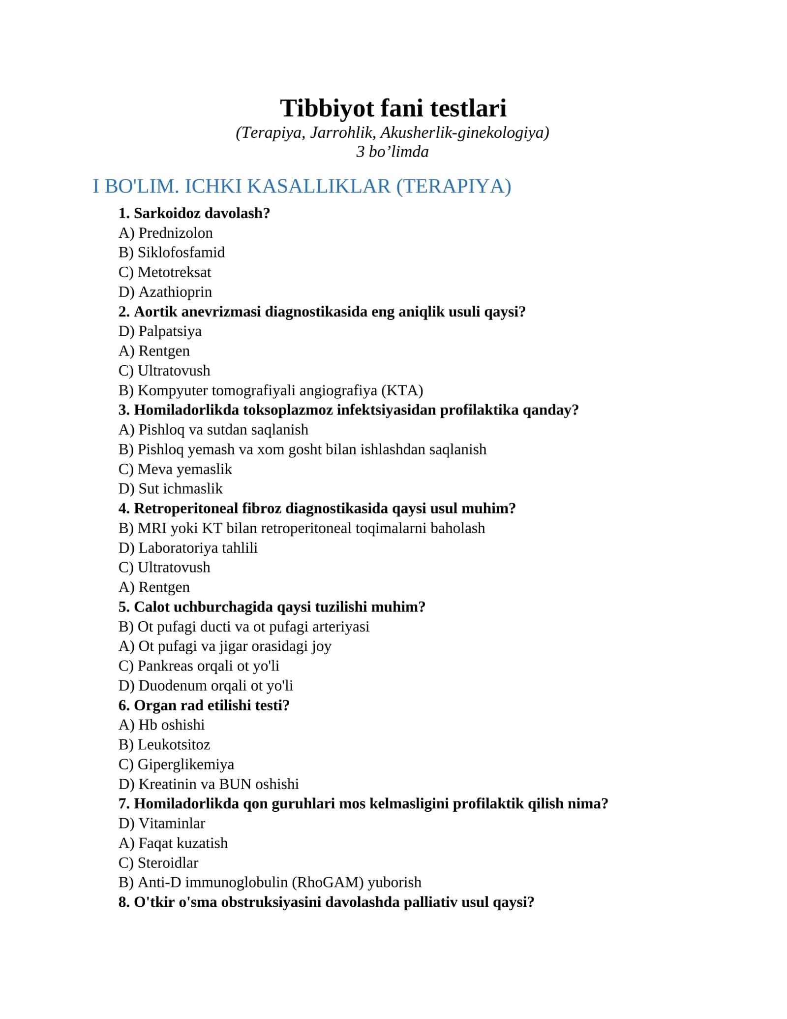Tibbiyot fani testlari 1