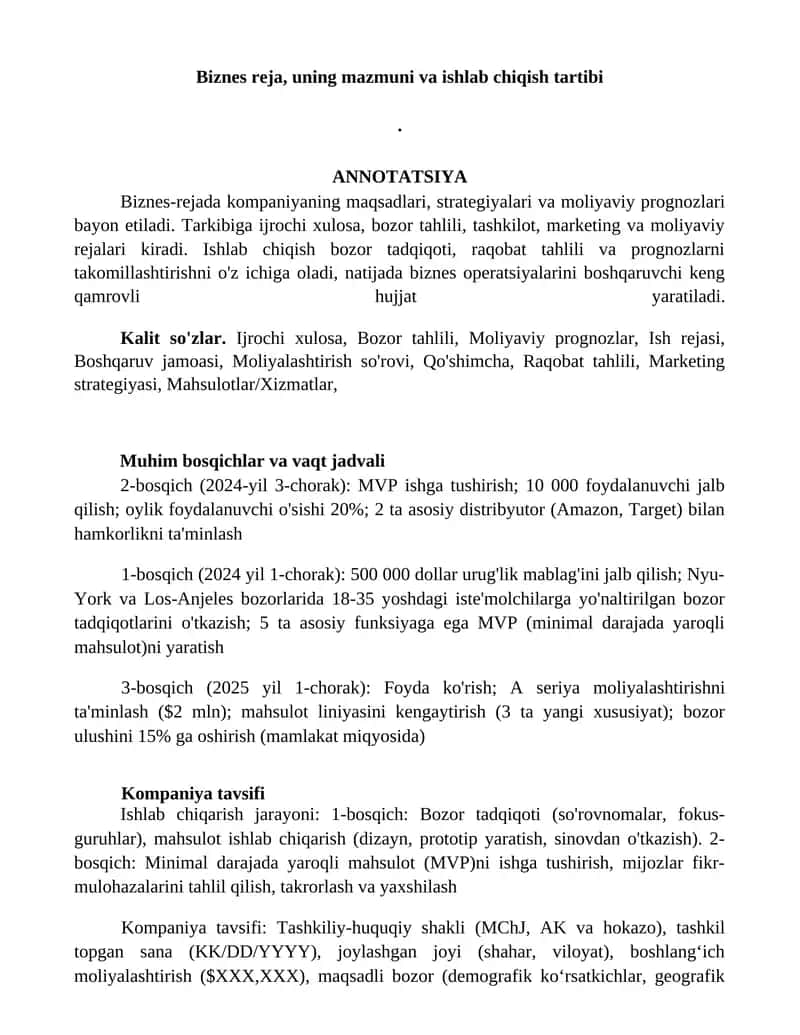 Biznes reja, uning mazmuni va ishlab chiqish tartibi 1