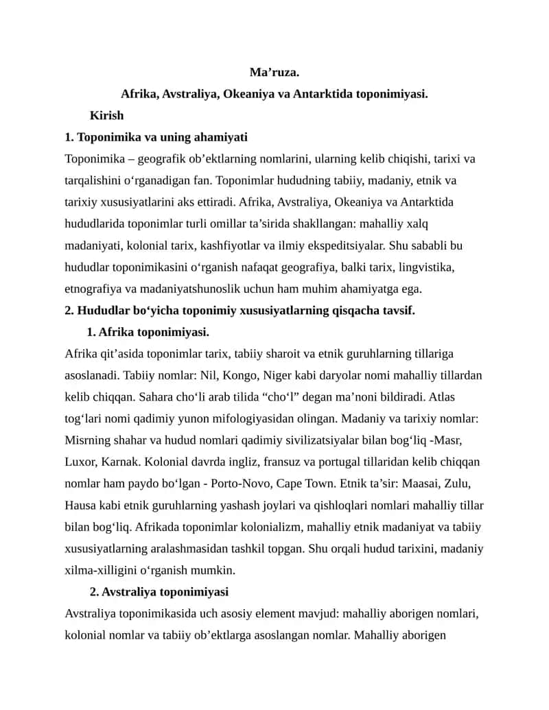 Ma’ruza. Afrika, Avstraliya, Okeaniya va Antarktida toponimiyasi. 1