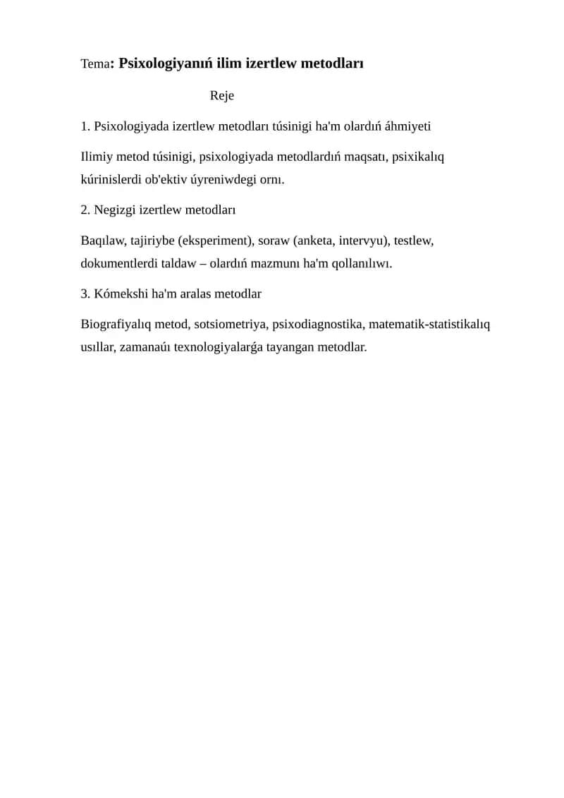 Psixologiyanıń ilim izertlew metodları 1