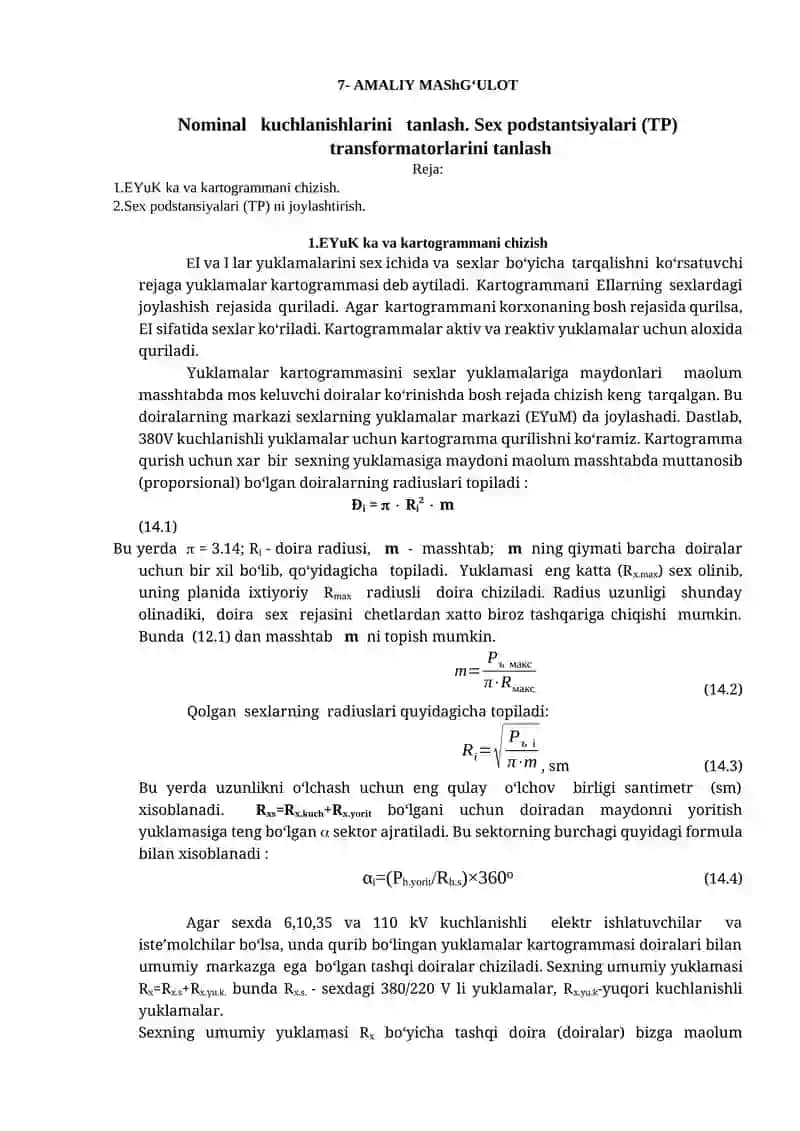 Sex podstantsiyalari (TP) transformatorlarini tanlash 1
