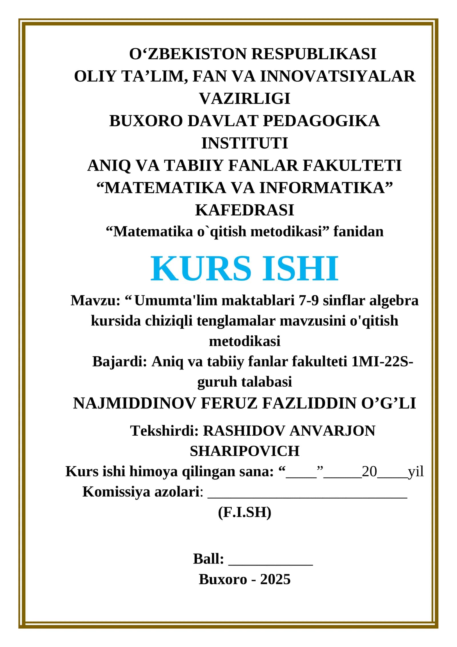 Umumta'lim maktablari 7-9 sinflar algebra kursida chiziqli tenglamalar mavzusini o'qitish metodikasi 1