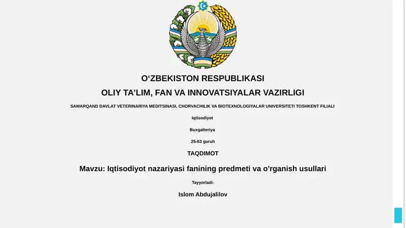 Iqtisodiyot nazariyasi fanining predmeti va o'rganish usullari 1