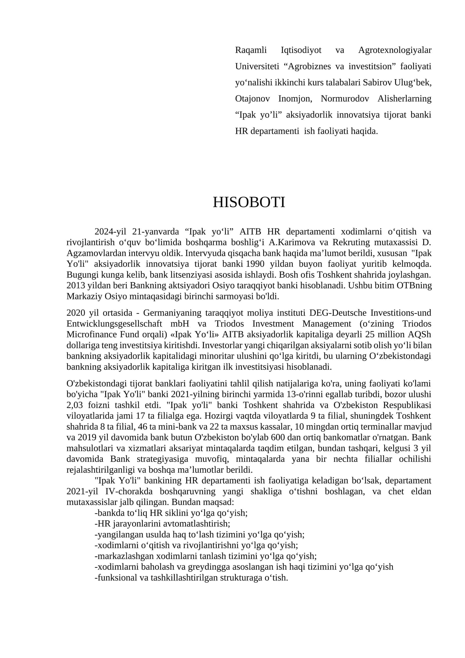 “Ipak yo’li” aksiyadorlik innovatsiya tijorat banki  HR departamenti  ish faoliyati 1