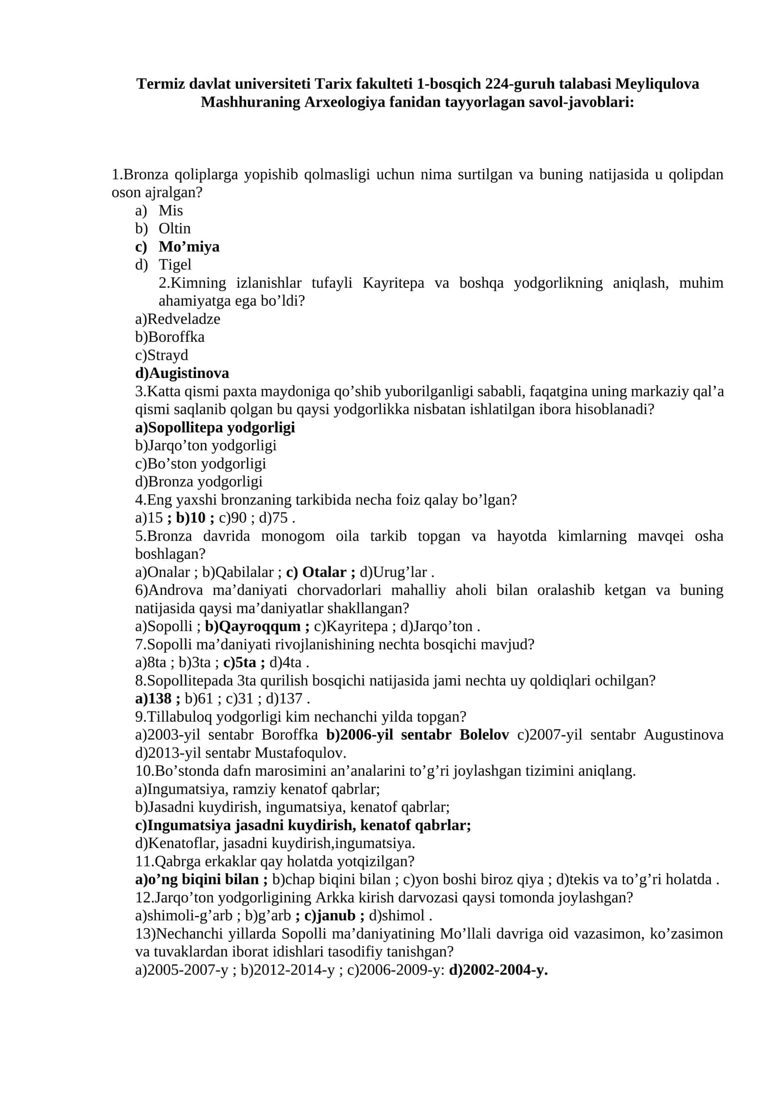 Meyliqulova Mashhuraning Arxeologiya fanidan tayyorlagan savol-javoblari 1