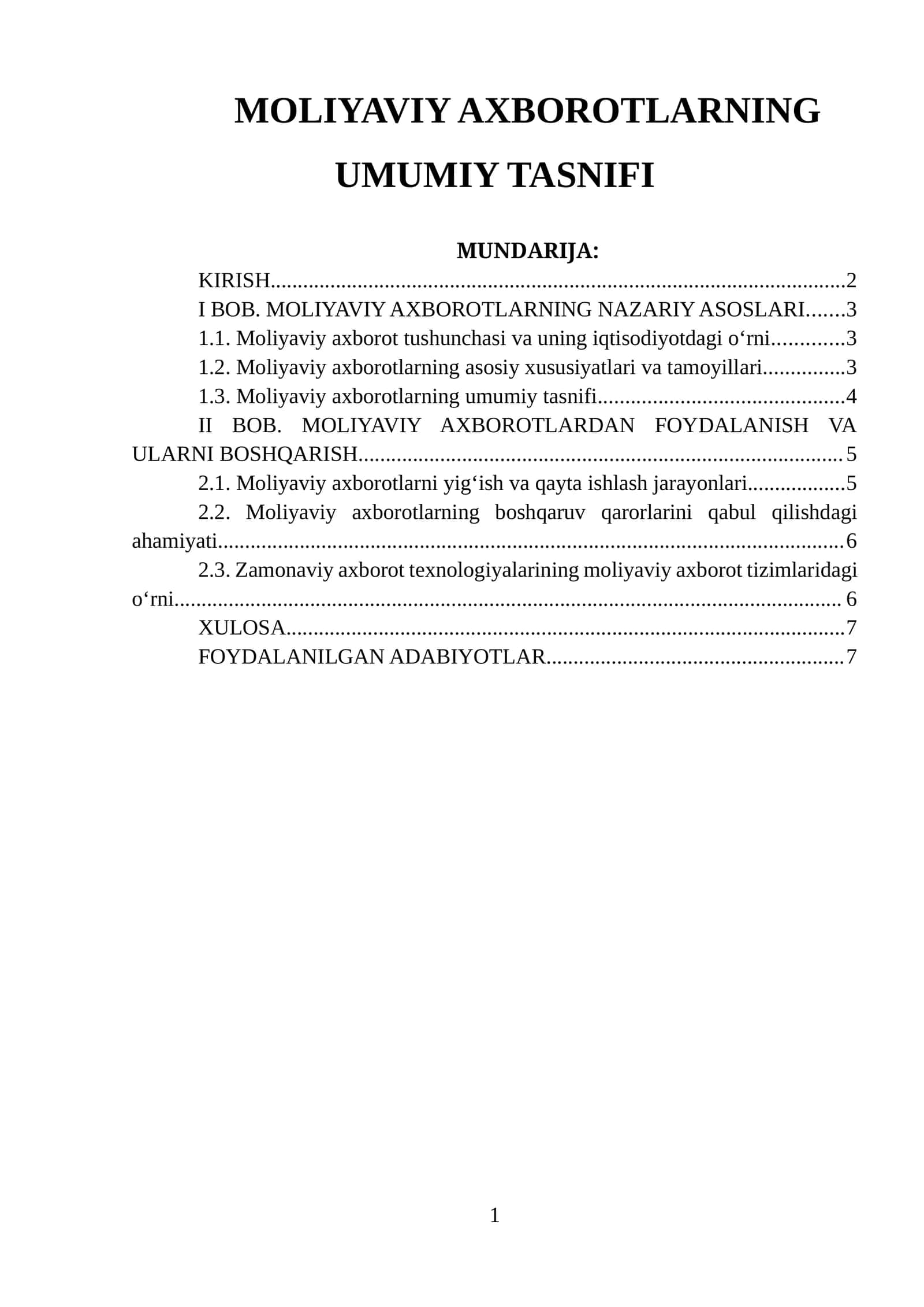 MOLIYAVIY AXBOROTLARNING UMUMIY TASNIFI 1