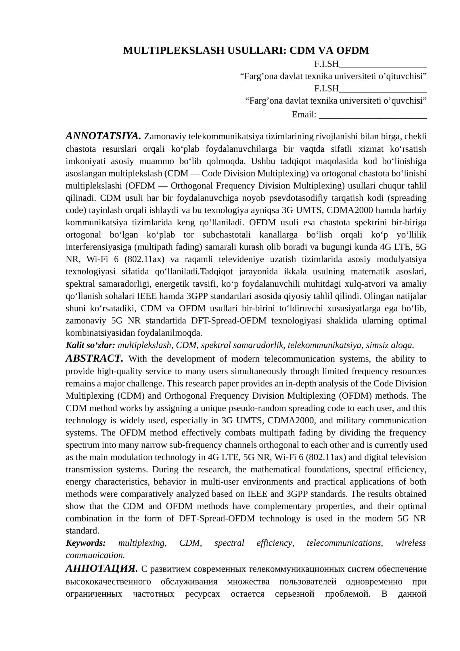 MULTIPLEKSLASH USULLARI: CDM VA OFDM 1
