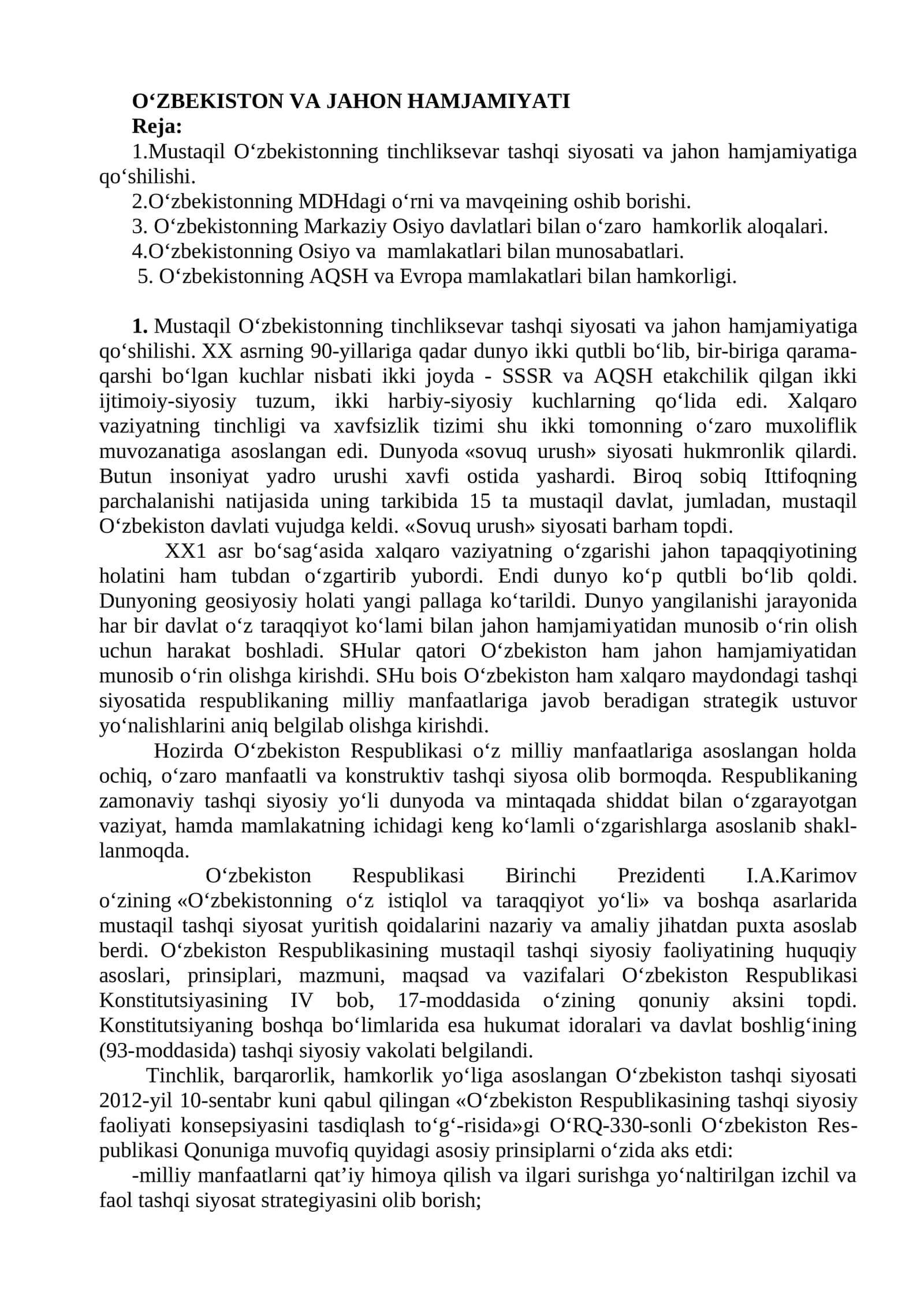 Mustaqil O‘zbekistonning tinchliksevar tashqi siyosati va jahon hamjamiyatiga qo‘shilishi 1