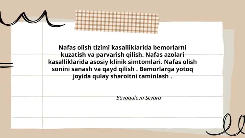 Nafas olish tizimi kasalliklarida bemorlarni kuzatish va parvarish qilish 1