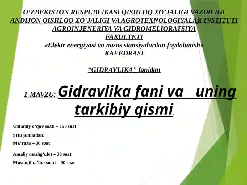 Gidravlika fanining tarkibiy qismi 1