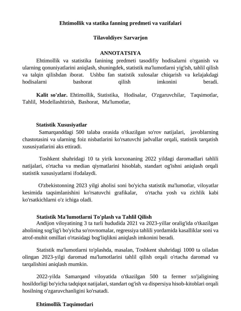 Ehtimollik va statika fanning predmeti va vazifalari 1