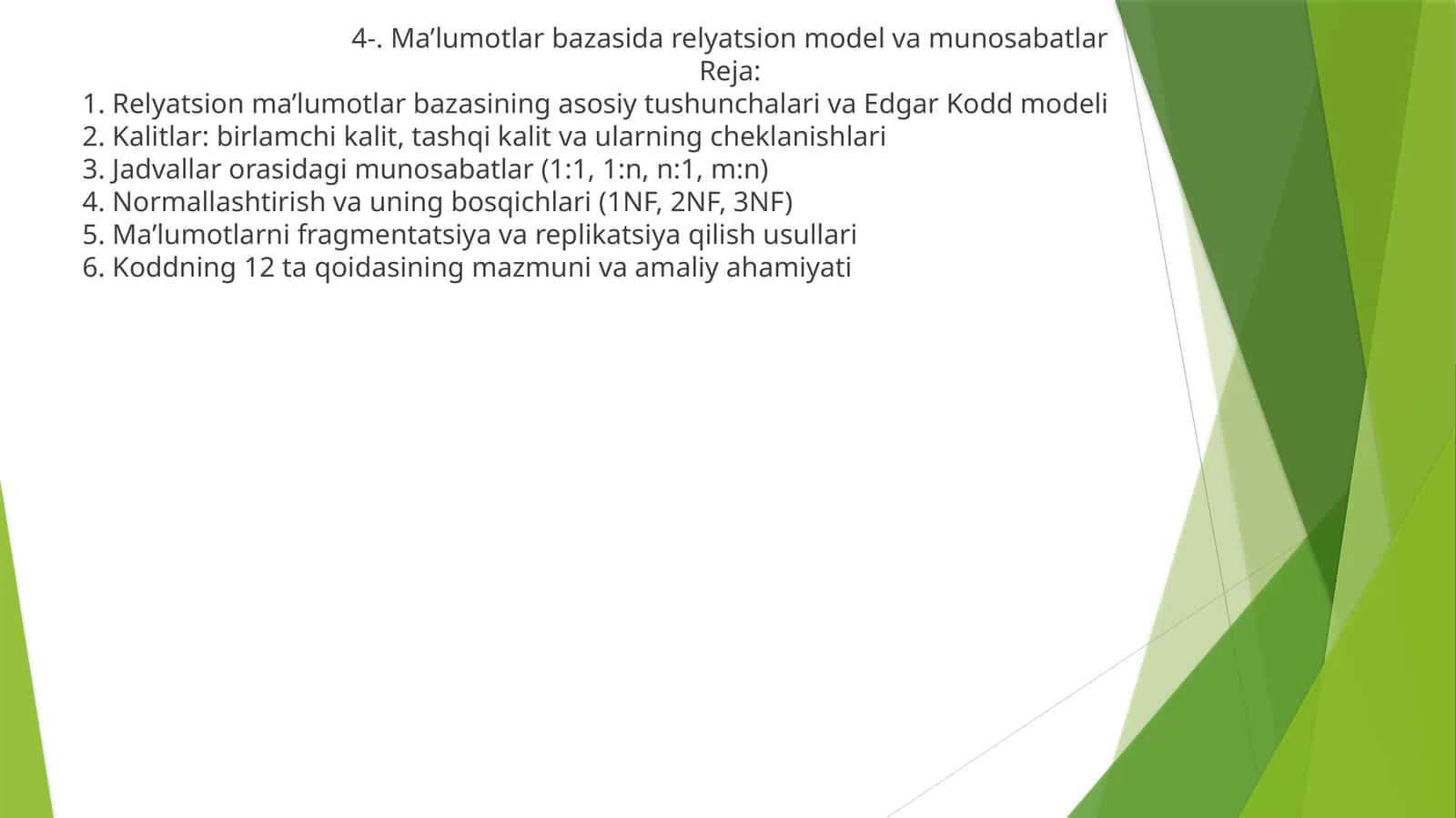 Ma'lumotlar bazasida relyatsion model va munosabatlar 1